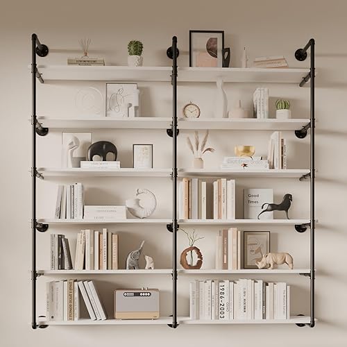 Miniatura 17 de Estante industrial de tubo de hierro de 5 niveles, estantería de tubo de 48 pulgadas con tablón de madera maciza, estantes abiertos para libros,