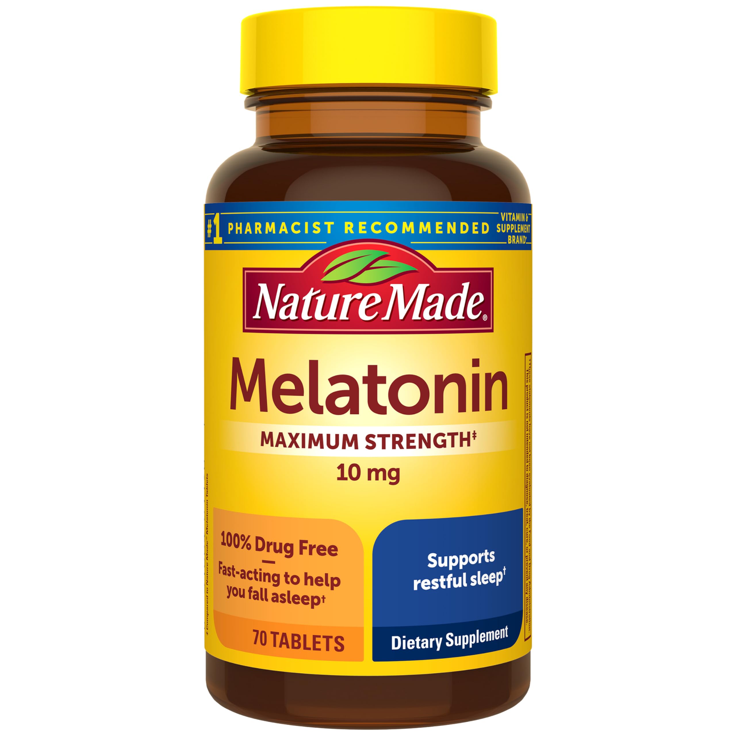 Nature Made Melatonin 10mg Maximum Strength Tablets, 100% Drug Free Sleep Aid for Adults, Melatonin for Adults, 70 Count, 70 Day Supply