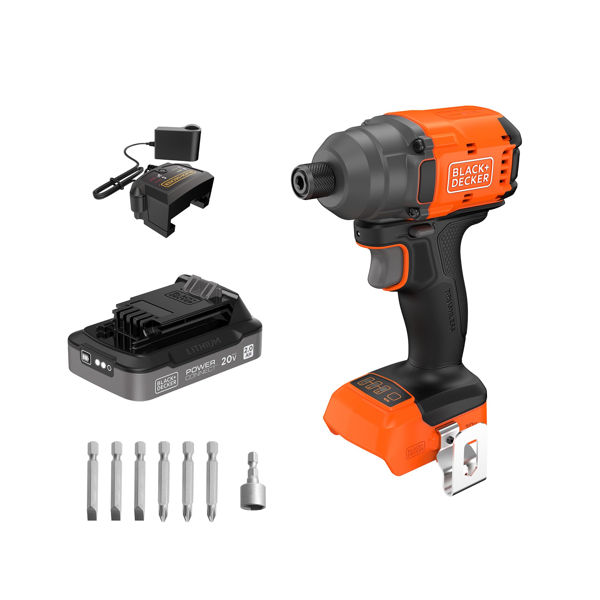 BLACK+DECKER 20V MAX POWERCONNECT Brushless Cordless ¼-in Hex Impact Driver Set with 2Ah Battery and Charger, 7 Pc Impact Driver Bit Set, 2000 In-Lbs Torque, 3200 RPM, LED Light, Ergonomic (BLIM78D1)