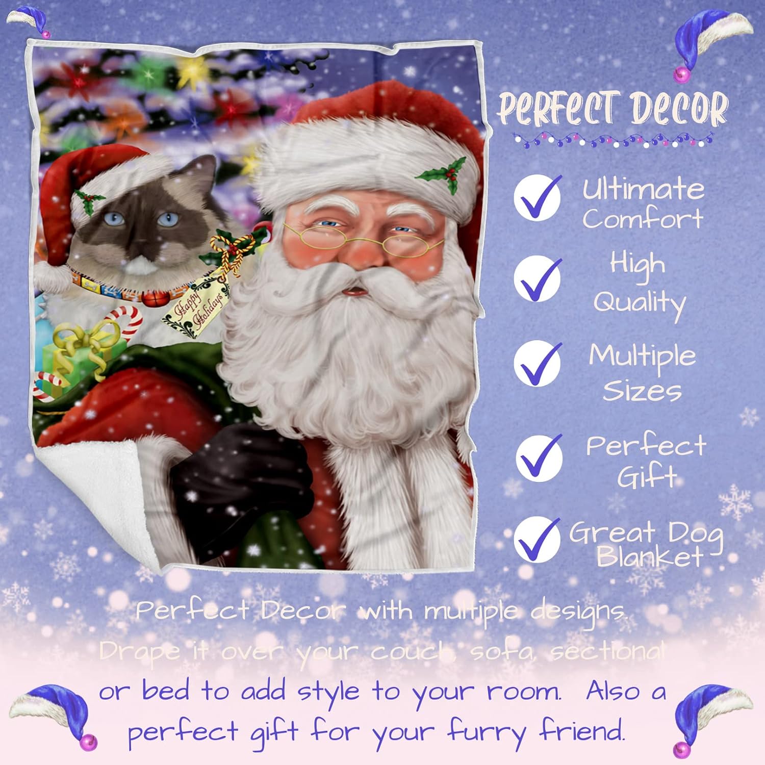 Doggie of the Day Ragdoll Cat Blanket - Christmas Santa Carrying Presents - Super Soft & Warm Pet Theme for Sofa or Bed, Warm Fleece, Sherpa or Woven Material, BLNKT160689 (30x40 Fleece)