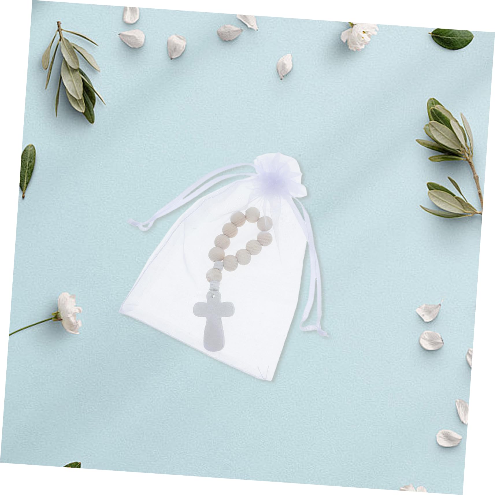 HOMSFOU 40juegos Cuentas de Bendición Pulseras de Rosario Pequeñas de Madera con Bolsas de Malla para Bautizo Shower Recuerdos de Fiesta