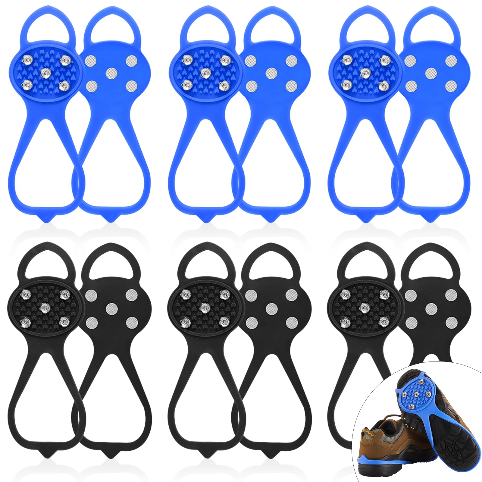 Syhood 6 paia di tacchetti per ghiaccio e neve, grandi tacchetti di trazione antiscivolo, con 5 tacchetti per ramponi a trazione universale, per neve, escursionismo, pesca