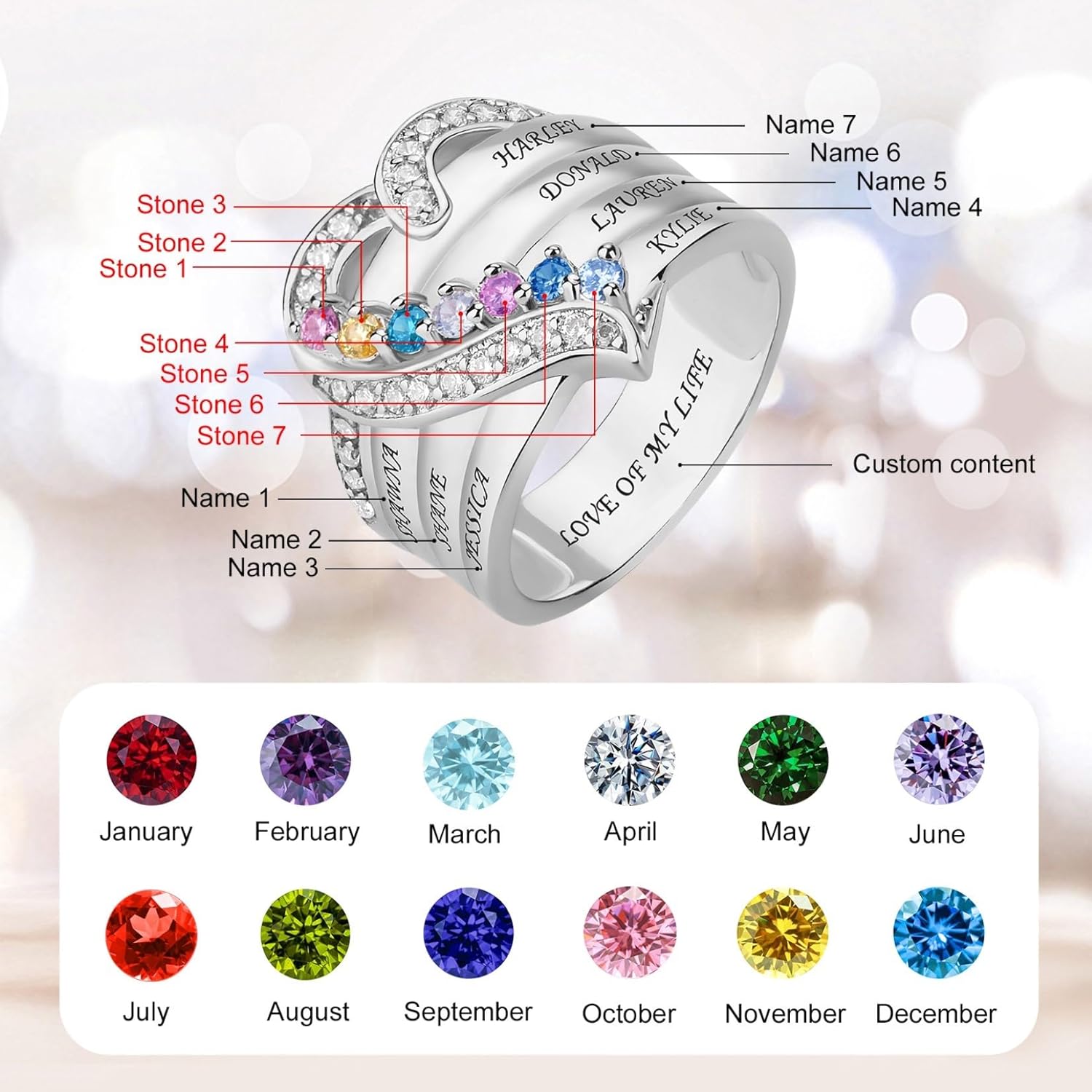 Personalized 925 Sterling Silver Mothers Ring with 1-8 Birthstones,Customized Engraved Name Family Rings,Family Jewelry Gifts for Mom Wife Grandma (7 Birthstones)
