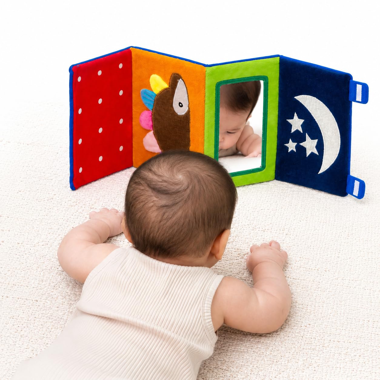 JoyCrate Tummy Time Mirror for Babies | 3 Months Baby Toys | High Contrast Sensory Mat Style Mirror | Montessori Visual & Motor Development | Foldable Soft Frame with Textures