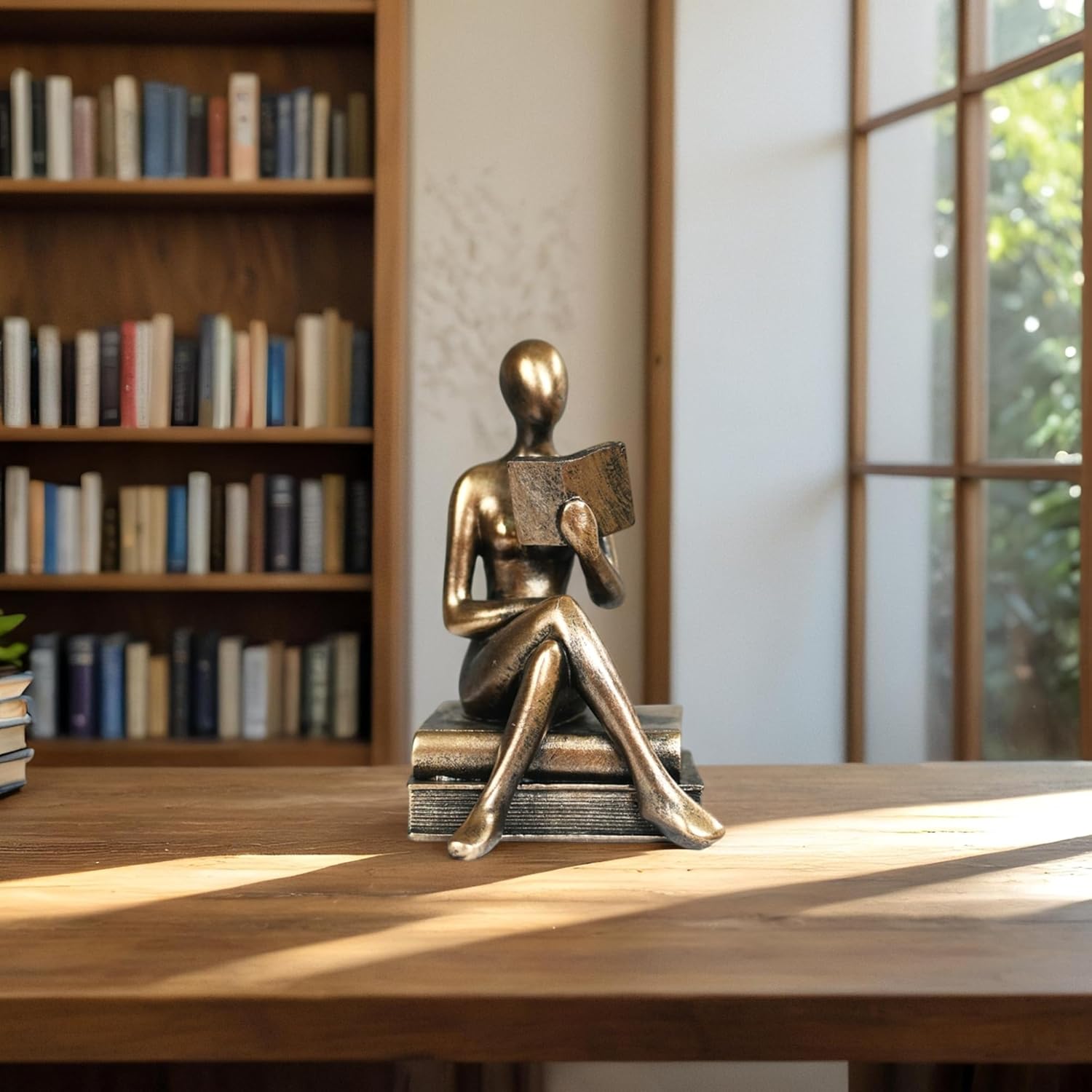 Abstract Woman Statue，Minimalist Home & Office Decoration,Artistic Figurine，Elegant Reading Coffee Table Bookshelf Modern Home Decor Unique Desk Ornament (Sitting with Cross Legged - Bronze)