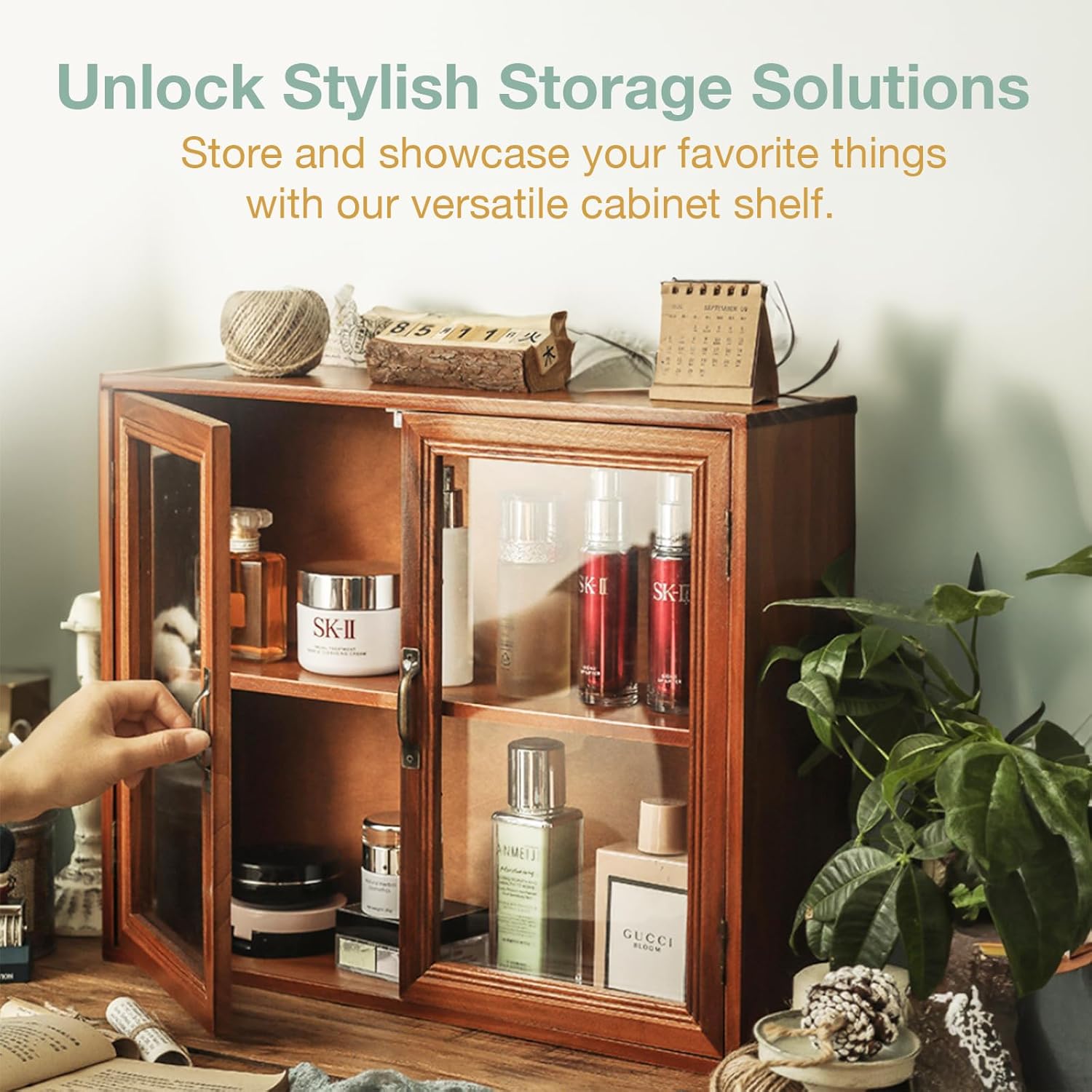 Cosmetics Display Cabinet with Clear Doors - 2-Level Wooden Tabletop Shelf Storage for Makeup, Perfumes, Skincare - Mahogany Wood Vanity Shelf Display Case - Mini Kitchen Cupboard