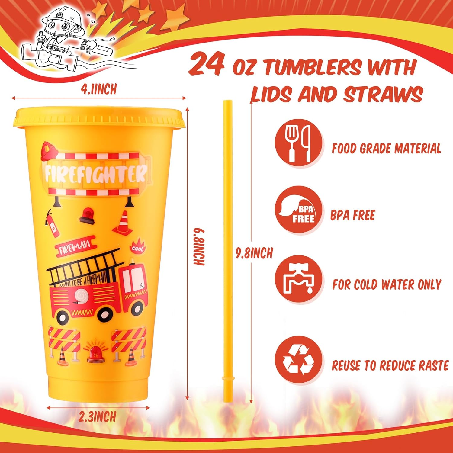 Mifoci 24 Pack Firefighter Plastic Cups with Lids and Straws 24oz Reusable Fire Truck Cups for Firefighter Birthday Party Supplies Decorations
