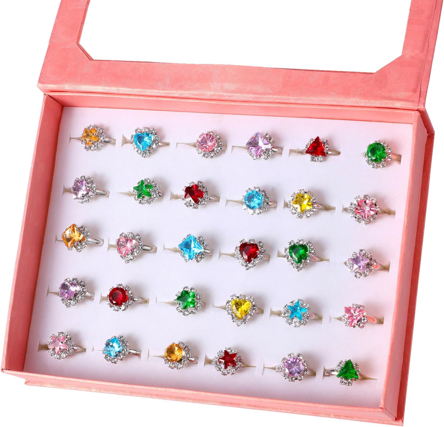 PinkSheep Jewel Rings for Kids 24pc Adjustable No duplication Girl Pretend Play and Dress Up Rings