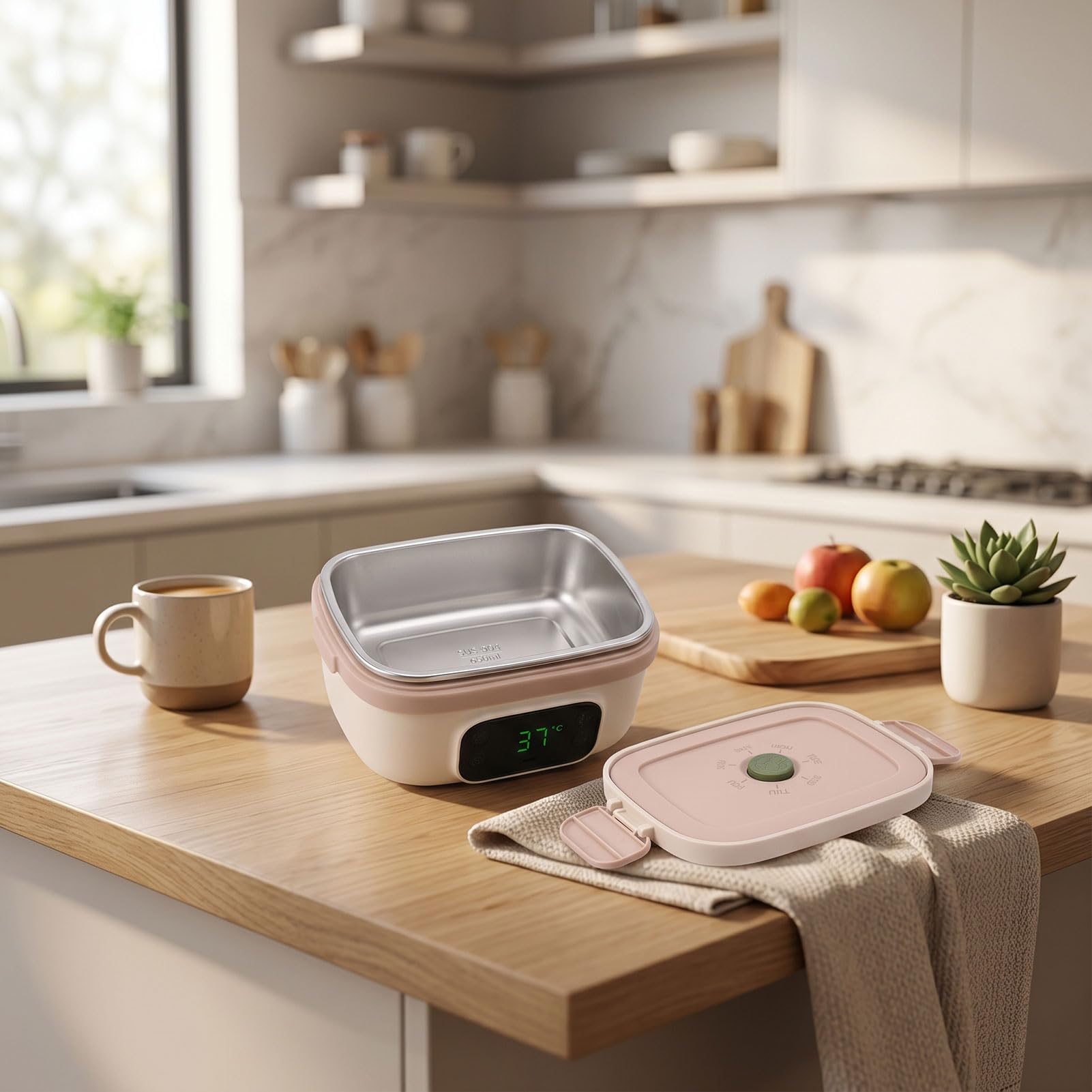 Pssopp Portapranzo Riscaldato, Scaldavivande Elettrico Alimentato a Batteria Ricaricabile Senza Fili in Acciaio Inossidabile 304 Portatile per Auto da Ufficio Riscaldamento Veloce e (Piccola)