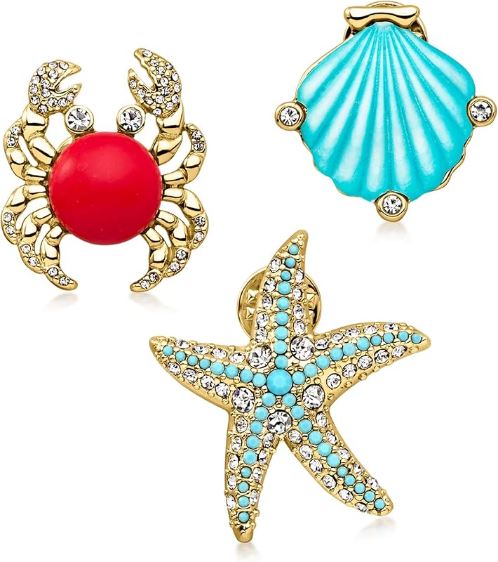 Simulated Gemstone and 14kt Yellow Gold-Plated Jewelry Set: 3 Sea Life Pins
