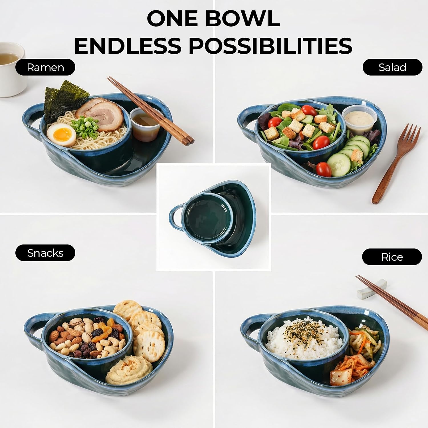 Chip and Dip Bowls, Anti-Soggy Cereal Bowl, Soup and Side/Cracker Bowls Sets for Breakfast, Soup and Sandwich, Bread Dipping Bowls, Set of 2, Blue