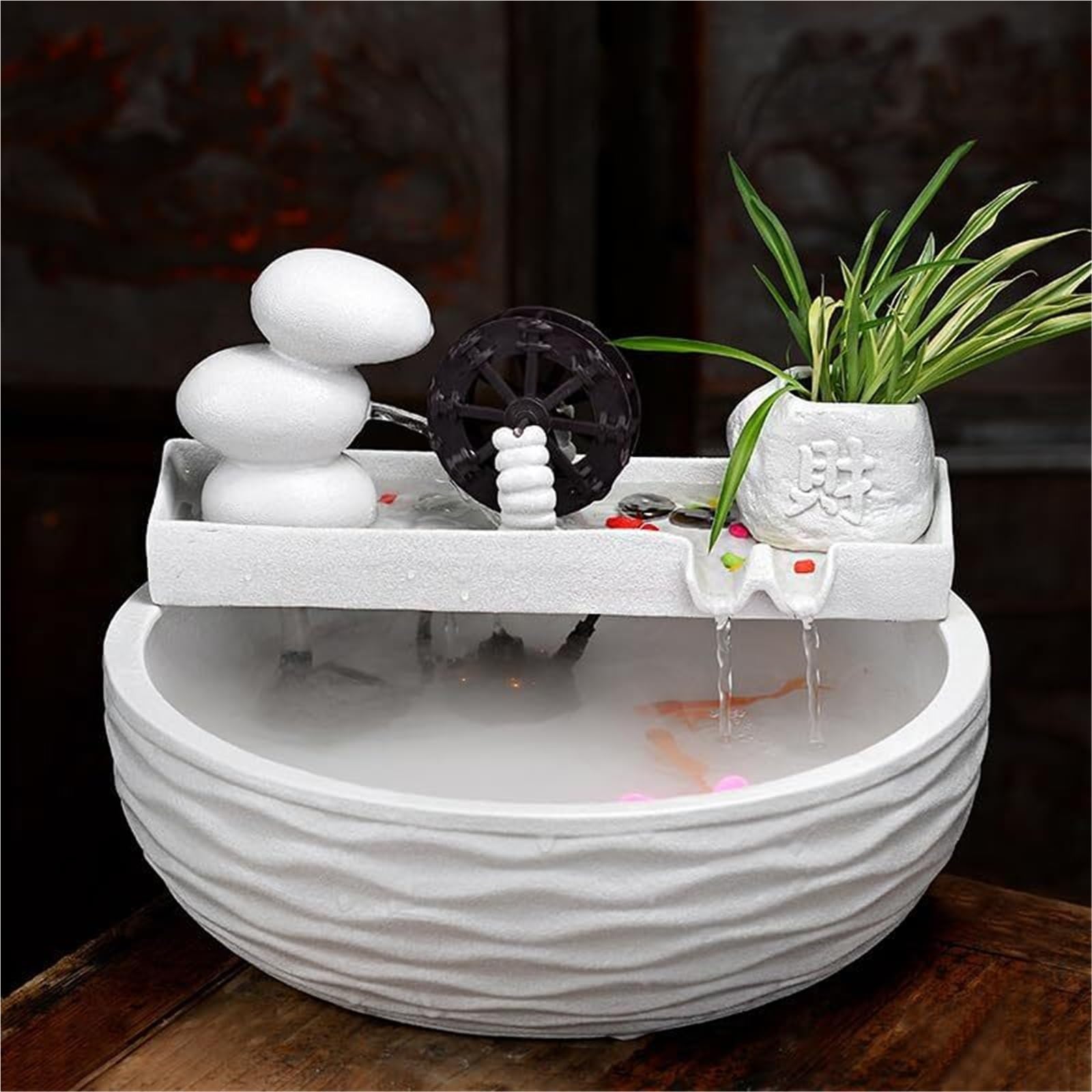 Fuente decorativa de jardín, fuente de agua con cascada, de cerámica, diseño de bambú, con iluminación LED, función humidificadora, bomba de agua, Feng Shui Zen, decoración para salón, oficina, jardín
