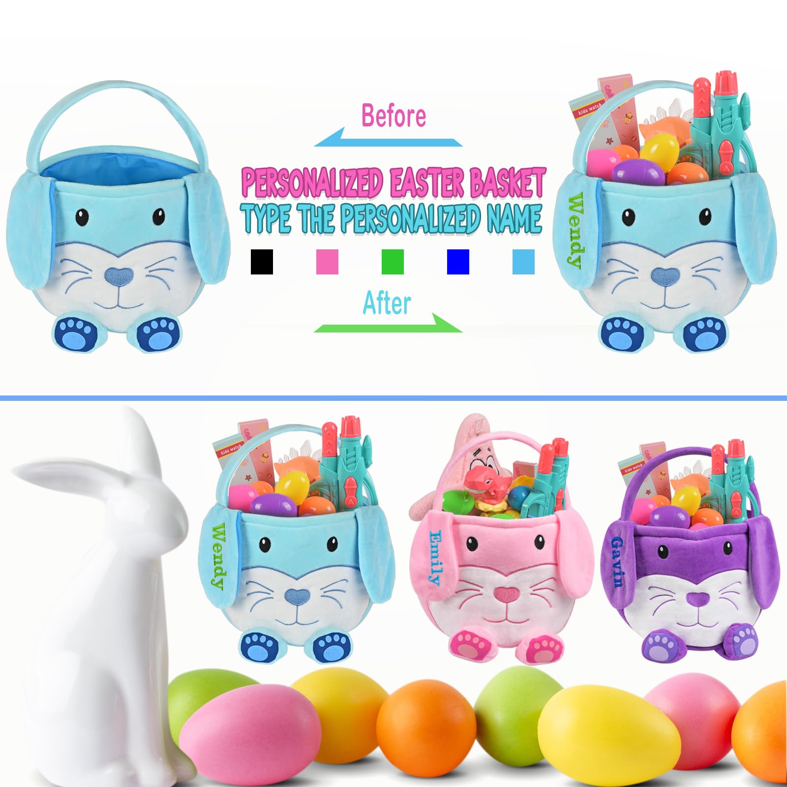 Personalized Easter Basket, PEMIRSAYO Easter Baskets for Kids Easter Bunny Baskets Custom Easter Basket Personalized Easter Gifts Toddler Easter Baskets Empty - Blue