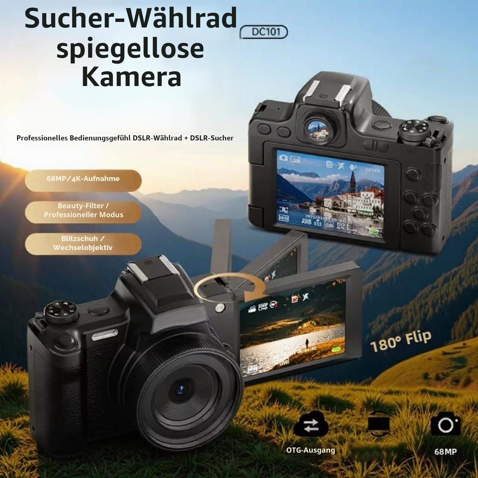 Digitalkamera 68MP mit 2,8-Zoll-Klappbildschirm und Sucher, 4K HD mit Beauty-Modus für Vlogging und Selfies, kompaktes tragbares Design für unterwegs, Schwarz