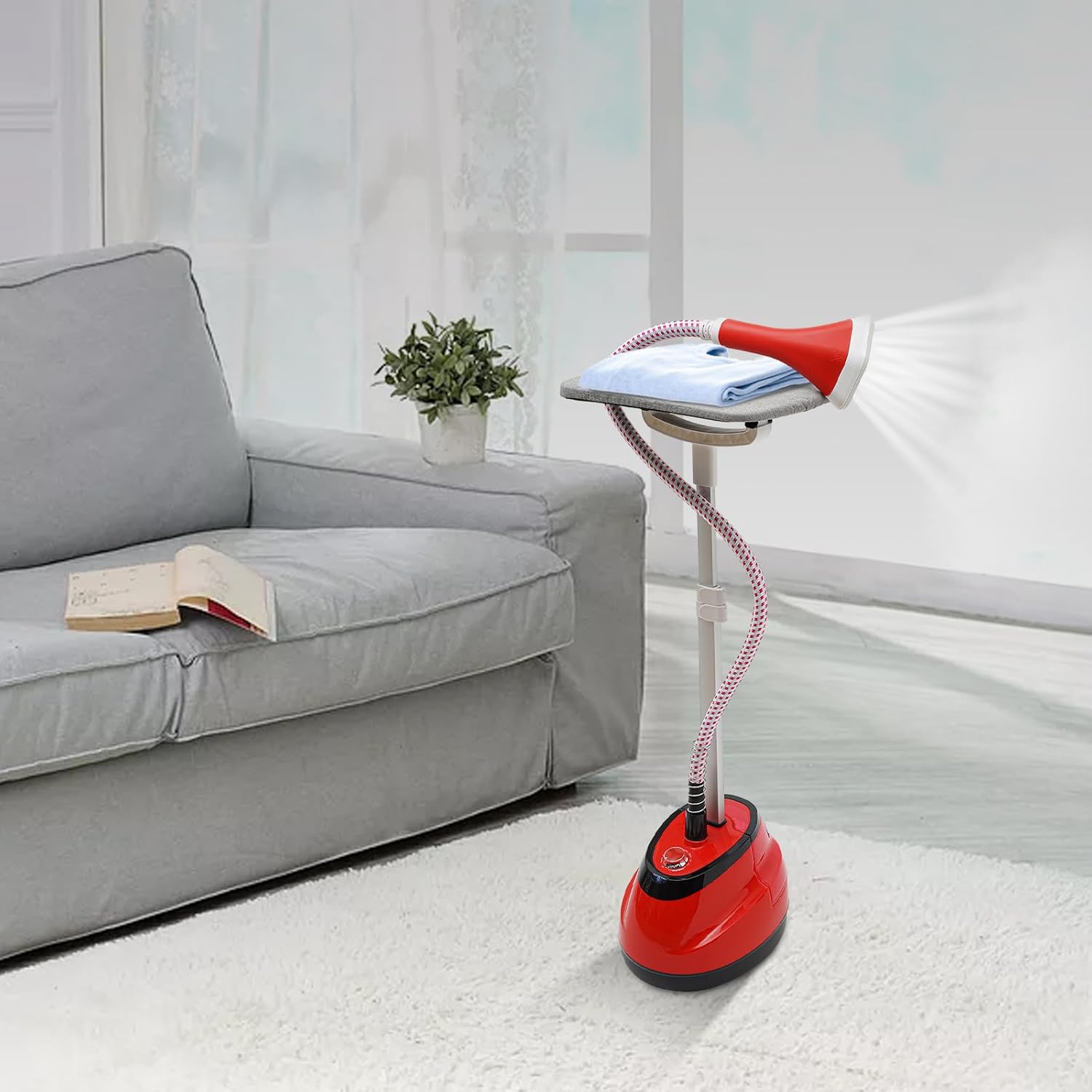 Standing Garment Steamer,Steamer for Clothes,1350W Fabric Steamer Standing Clothes Steamers with Ironing Board, Adjustable Rod & 1.6L/0.42gal Water Tank Wrinkle Remover Heats in 45 Seconds (Red)