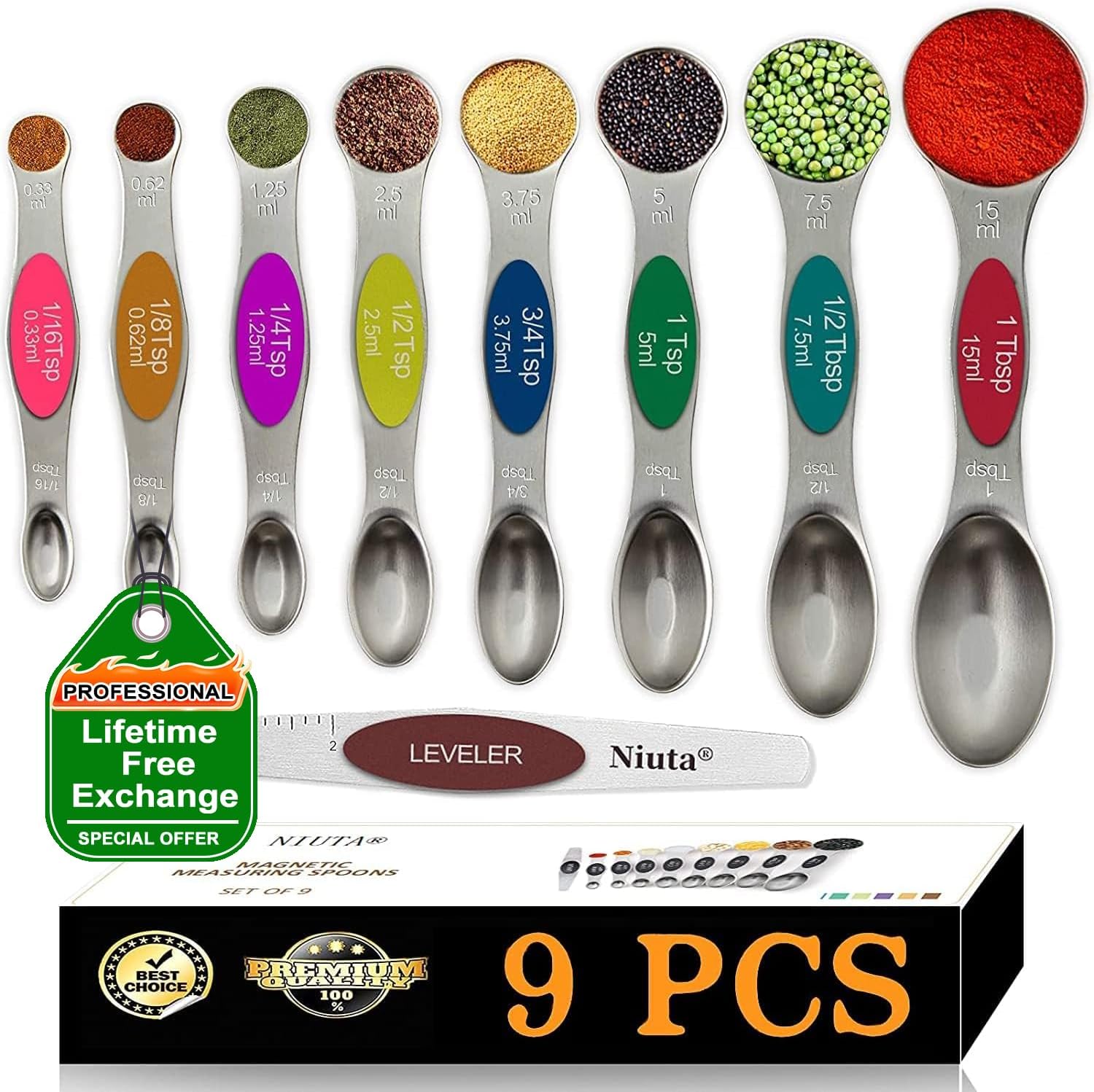 NIUTA® Magnetic measuring spoons set®, stackable on both sides, Germany stainless steel, for use in spice jars and liquids, set of 9-Multicolour