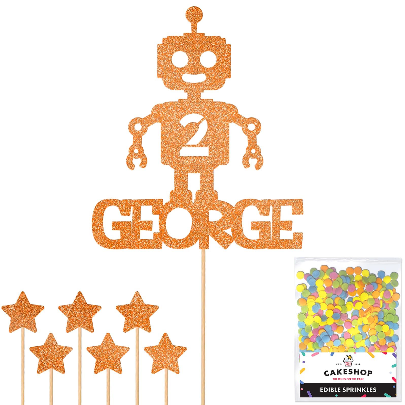 Personalised Birthday Space Robot Glitter Cake Topper- Orange Any Custom Age & Name Glitter Cake Decoration and Sprinkles - Happy Birthday Decorations - Personalised Toppers for Cakes by Cakeshop — image 1