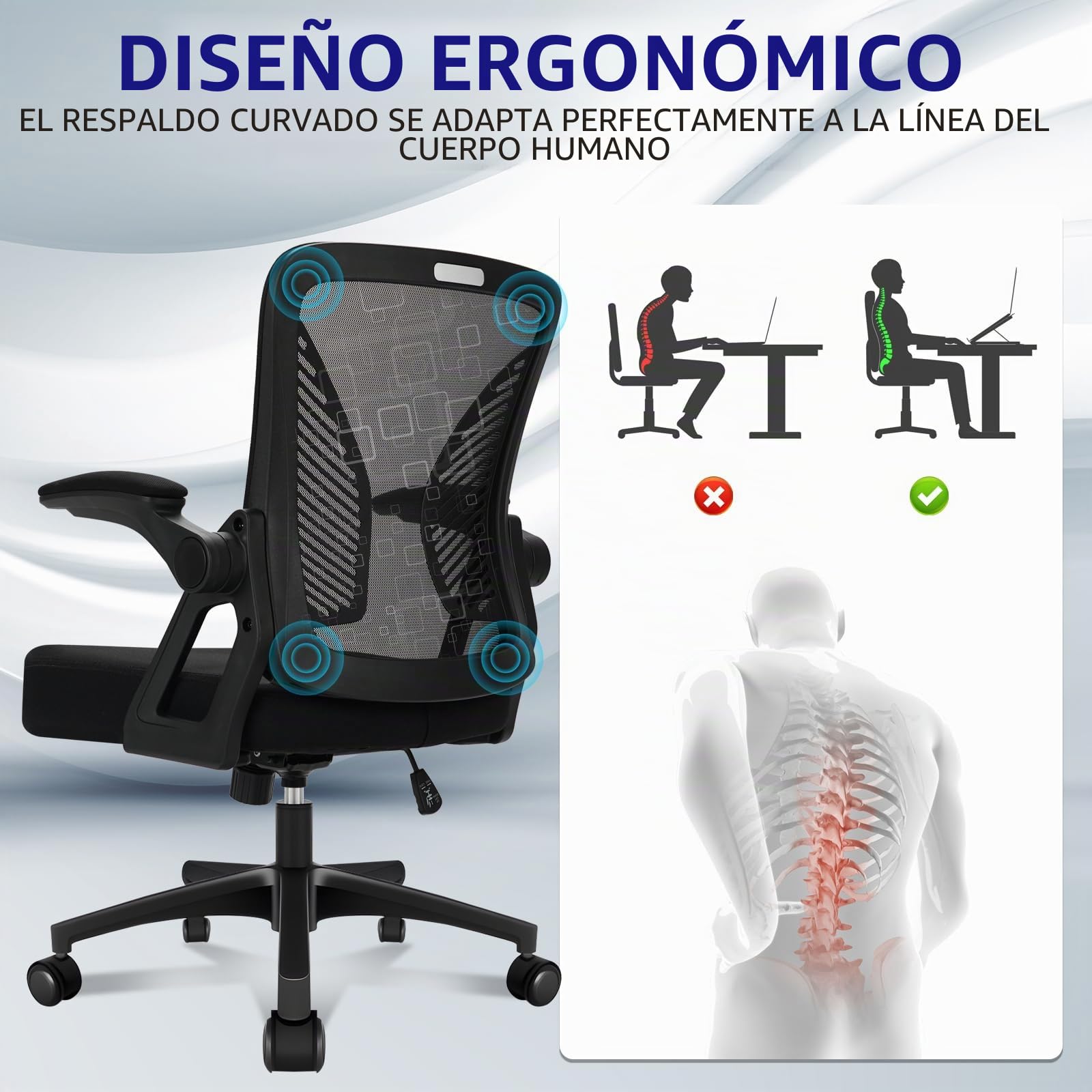 Milacyee Silla de Oficina Ergonómica, Reposabrazos Plegables 90°, Soporte Lumbar, 120° Inclinación（No se Puede Bloquear）, Malla Transpirable, 360° Giratoria, 102kg Carga
