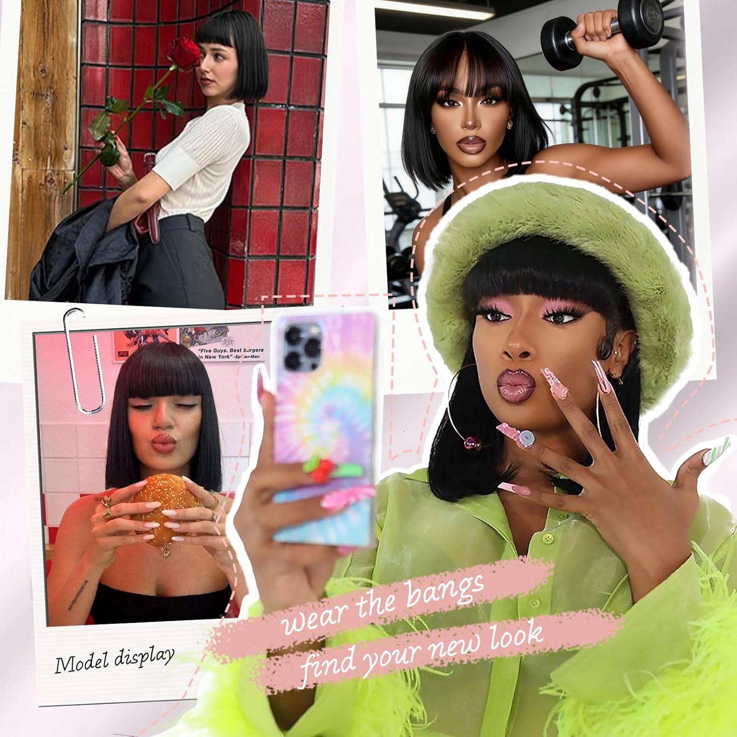 Farblick Bob Wig Human Hair With Bangs Wear and Go Glueless Wig Human Hair 12inch Straight Wig 180% Density Black Wig With Bangs for Women