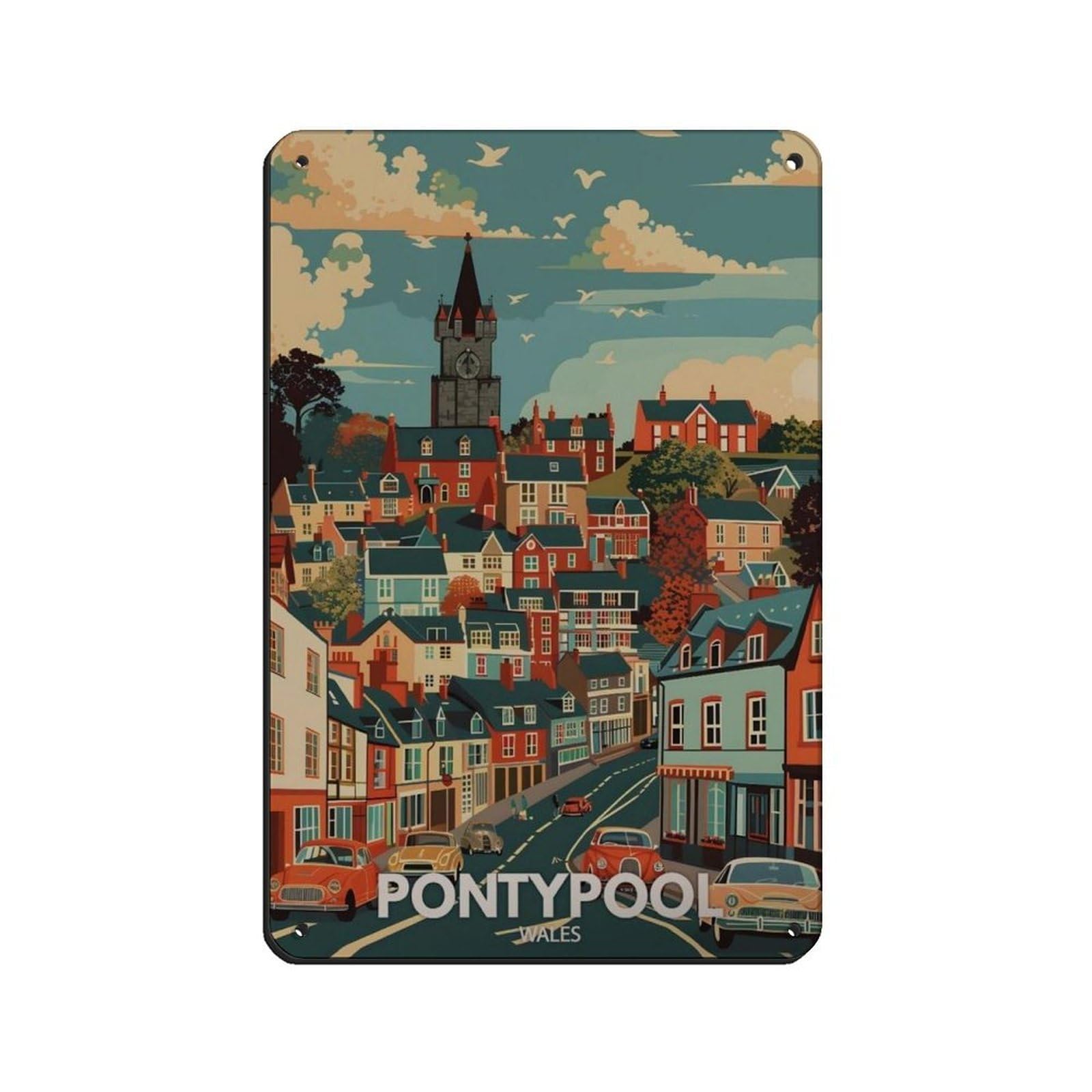 Lxwnze 20L X 30W Cm Pontypool Poster,Wales City Art Retro Poster Metal Tin Sign Chic Art Retro Iron Painting Bar People Cave Cafe Family Garage Poster Wall Decoration 8X12inch(20X30cm)