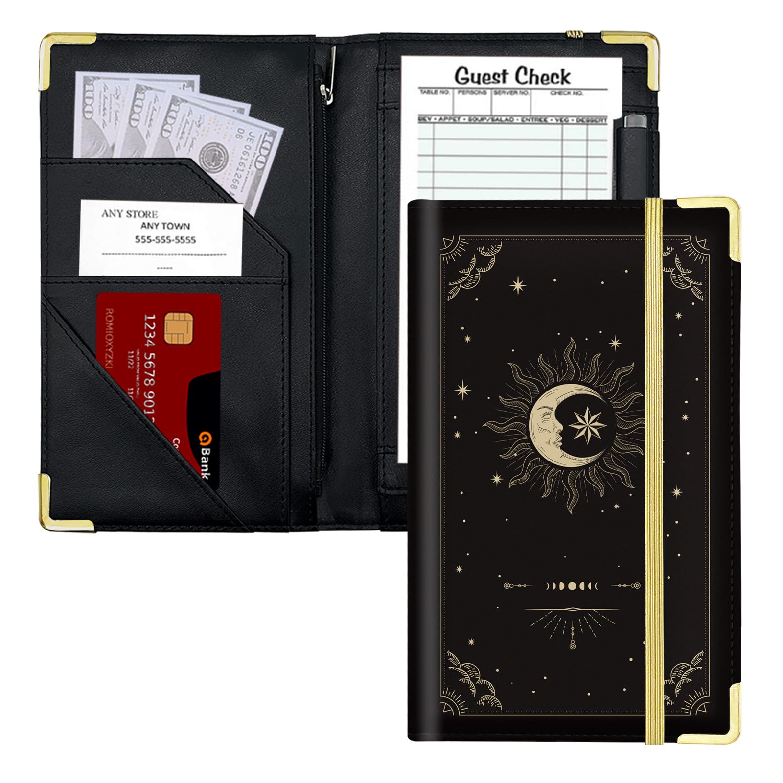 Server Book, Cutaswish Server Books for Waitress Cute, Waiter Receipt Book, PU Leather Waitress Book with Zipper Pocket, Waitress Accessories(Sun&Moon)