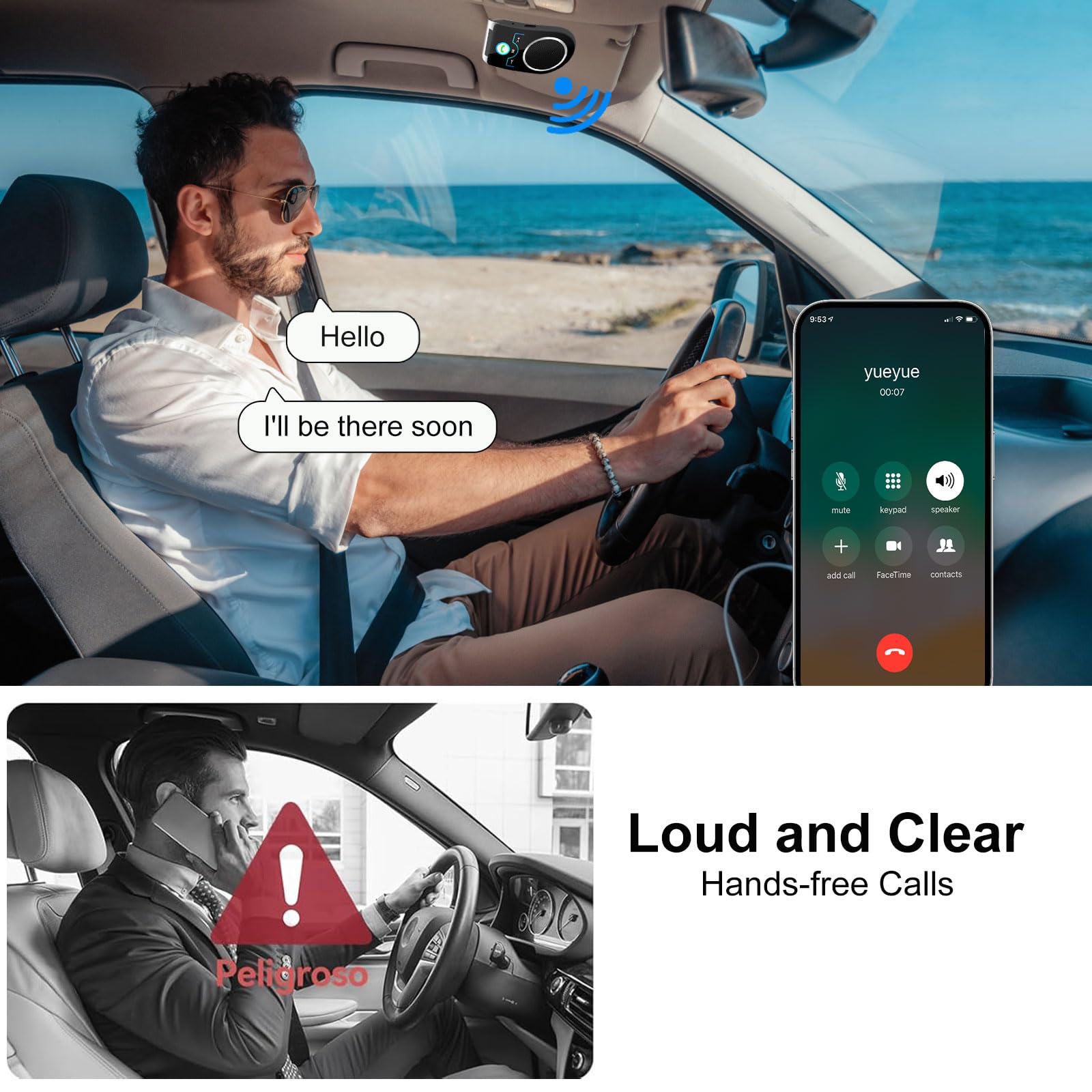 Manos Libres para Coche Bluetooth 5.0, Mini Manos Libres Inalámbrico con Siri y Google Assistant, Conexión de 2 Teléfonos Simultáneamente, Compatible con iPhone y Andriod para Llamadas y Musica