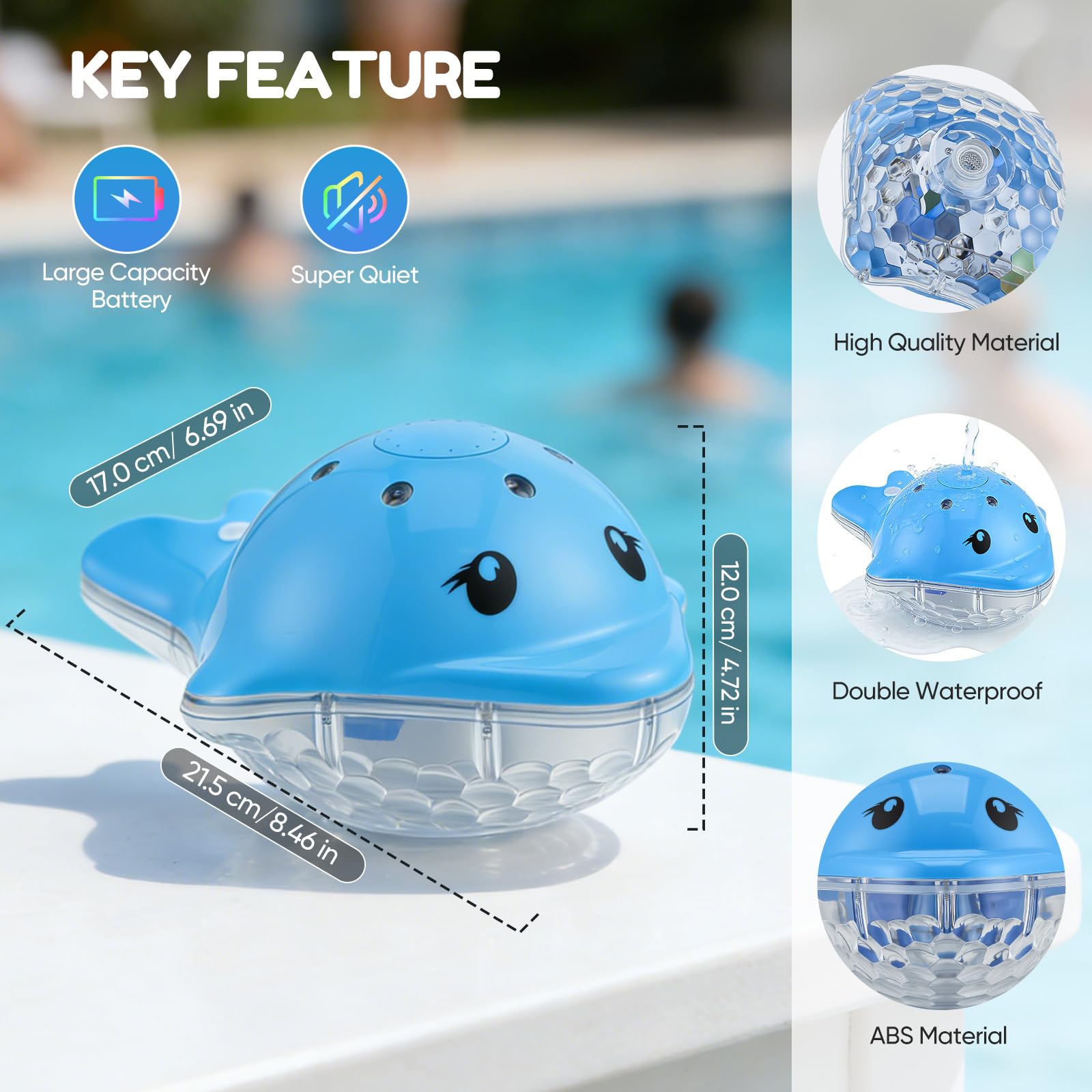 Fontaine Flottante pour Piscine avec Télécommande - Lampe de Piscine Rechargeable en Forme de Dauphin, IP68 Étanche, 12 Modes d'Éclairage et 3 Modes de Fontaine, Décoration pour Piscines, Bassin