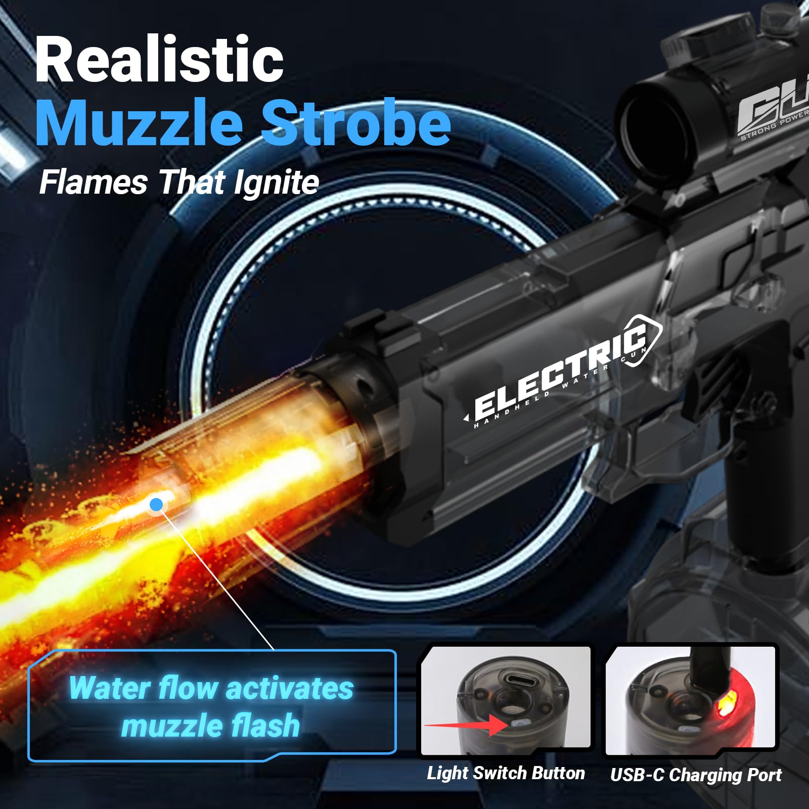 RISFUNIA Automatic Electric Water Guns for Adults & Kids Ages 8-12?Powerful Water Blaster Squirt Gun with LED Flash 32ft Long Range 500mL Large Capacity, Outdoor Toys for Summer Pool Beach(Black)