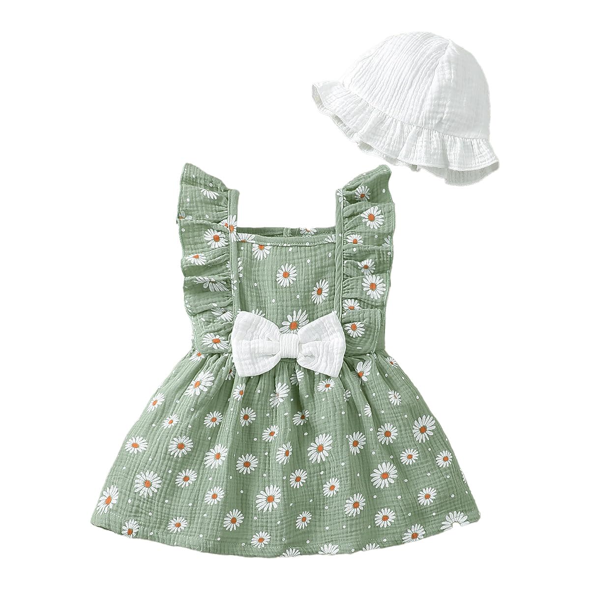 Conjunto Vestido y Gorro para Niña Pequeña Mangas con Volantes Estampado de Corazones/Flores de Algodón Lino Ropa de Primavera Verano — view 10