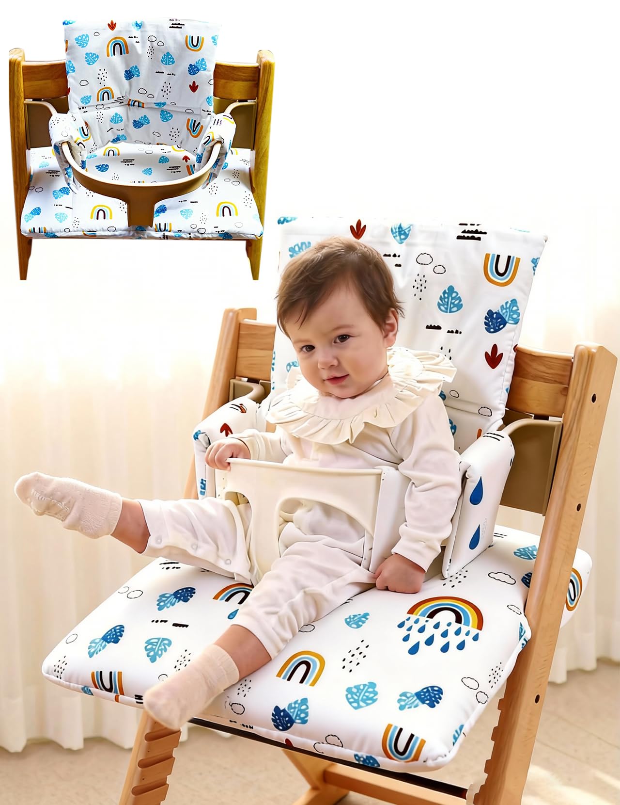 High Chair Seat Cushion Set, 2-Piece Waterproof Seat Cushion for Stokke Tripp Trapp High Chair Organic Cotton Soft Cushion