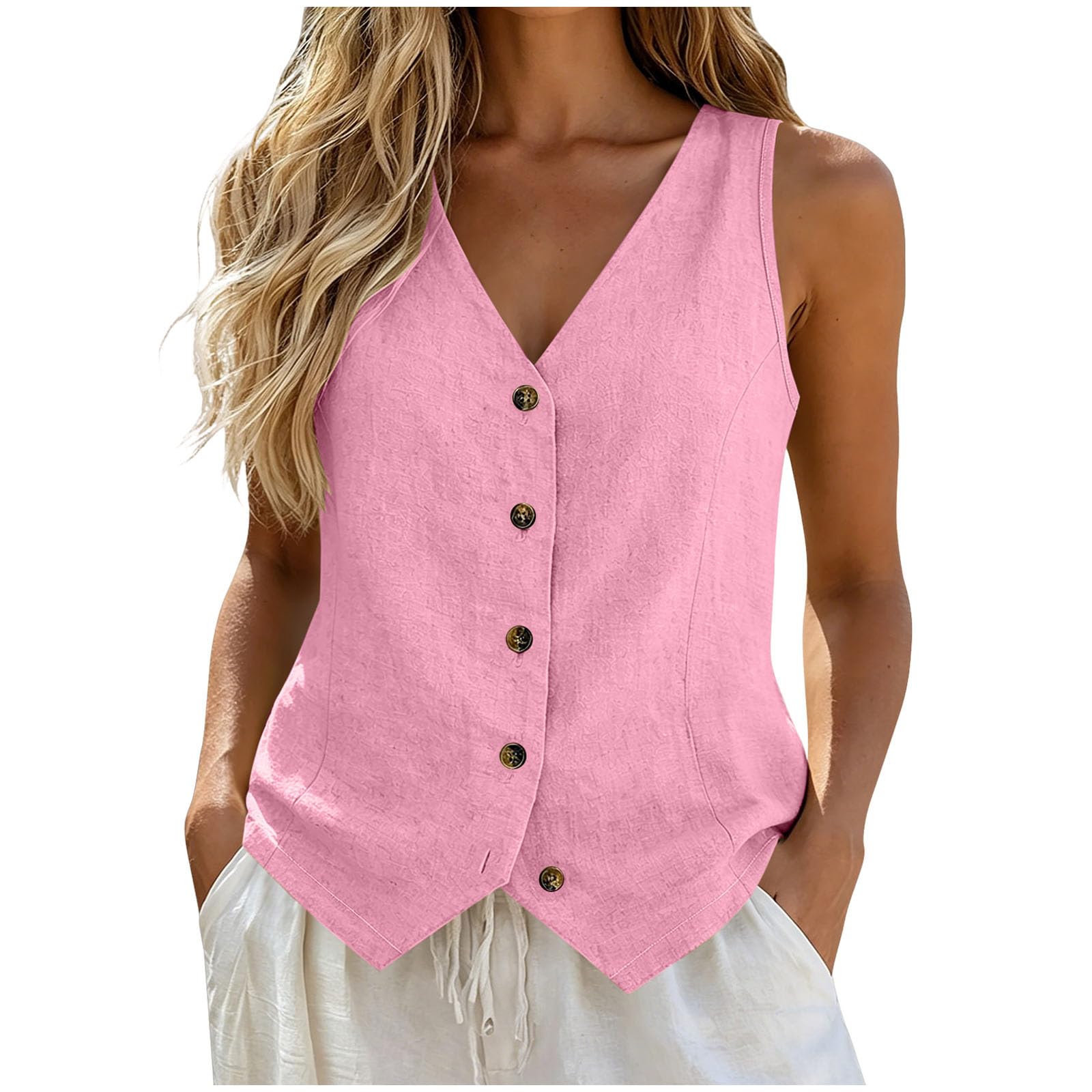Chaleco De Algodón Y Lino para Mujer Botones Frontales Cuello En V Camisas Verano Mujer Verano Algodón Y Lino Transpirable Chalecos Elegante para Negocios Casual Oficina Trabajo Holgadas Casuales