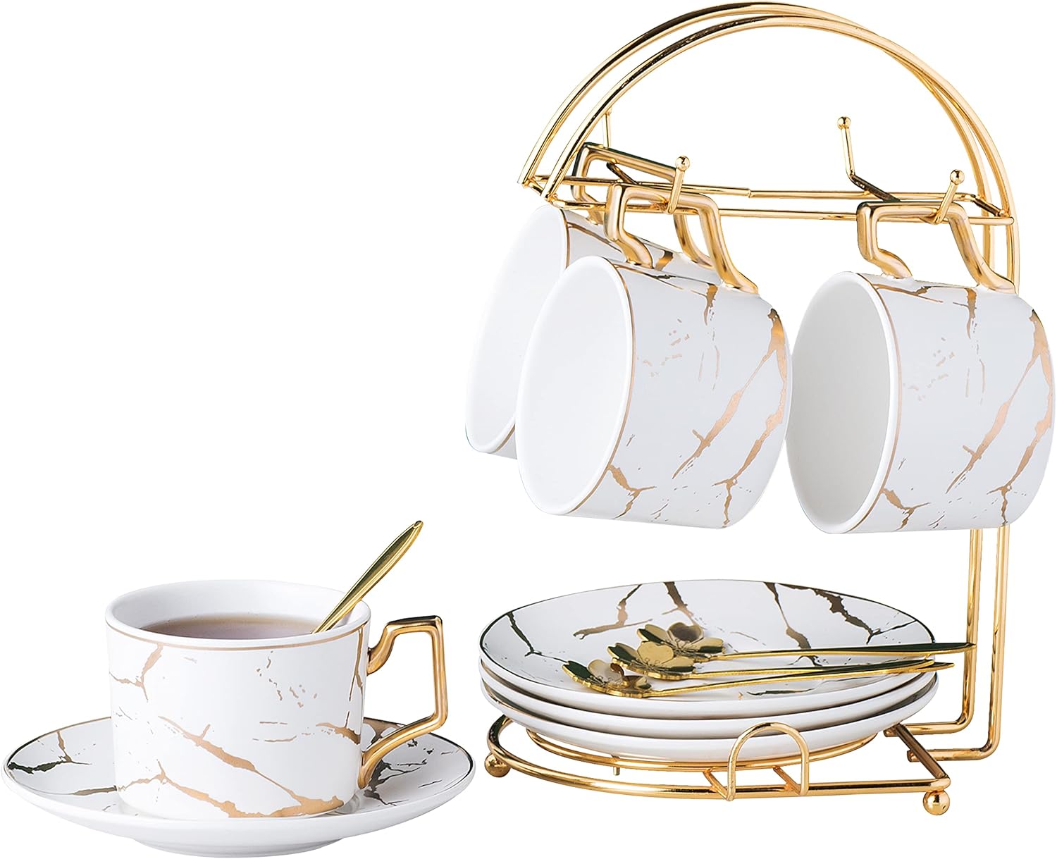 Jusalpha Serve of 4- Hand Printed Golden Matte Ceramic Marble Tea Coffee/Tea Cups with Spoons and Cup Holder, 7OZ -TCS26 (White/Gold, Serve of 4)