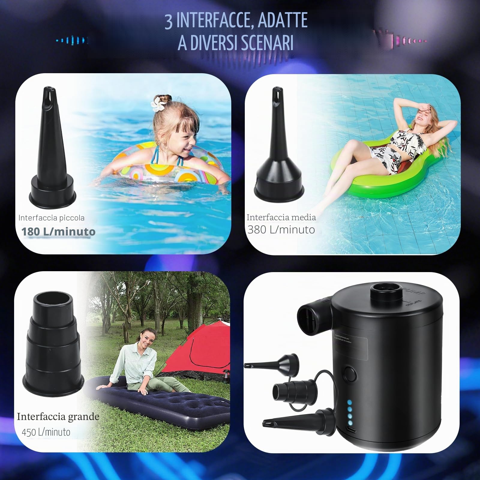 PATEMZON Pompa Elettrica, Pompa Elettrica per Materasso Gonfiabile, 4000mAh Gonfiatore Elettrico Portatile con 3 Ugelli, Gonfiare e Sgonfiare, per il Campeggio All'Aperto, Materasso Ad Aria