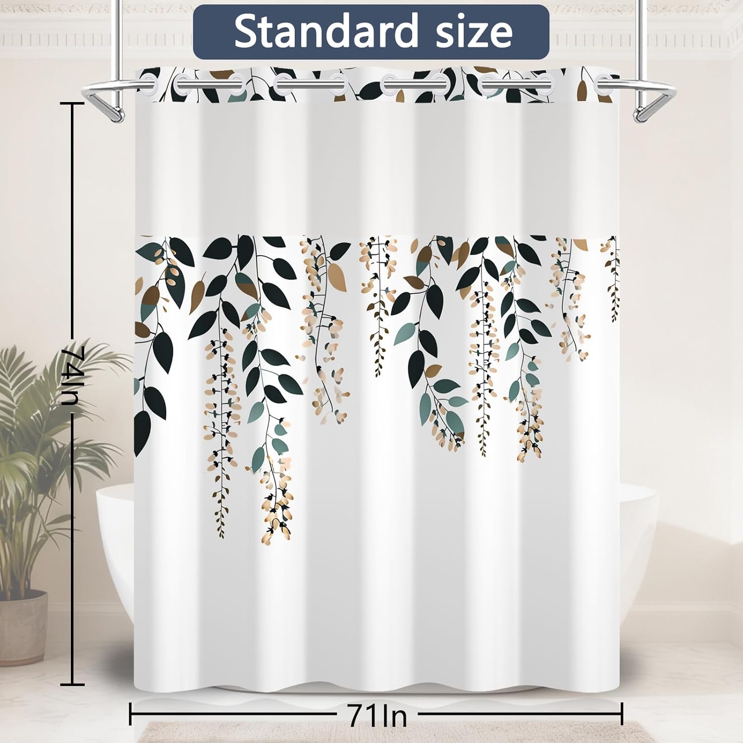 No Hook Plants Leaves Shower Curtain with Snap-in Liner, Modern Sage Green Floral Design with Mesh Top Window, Waterproof Double Layer for Bathroom Decor, 71 x 74 Inch