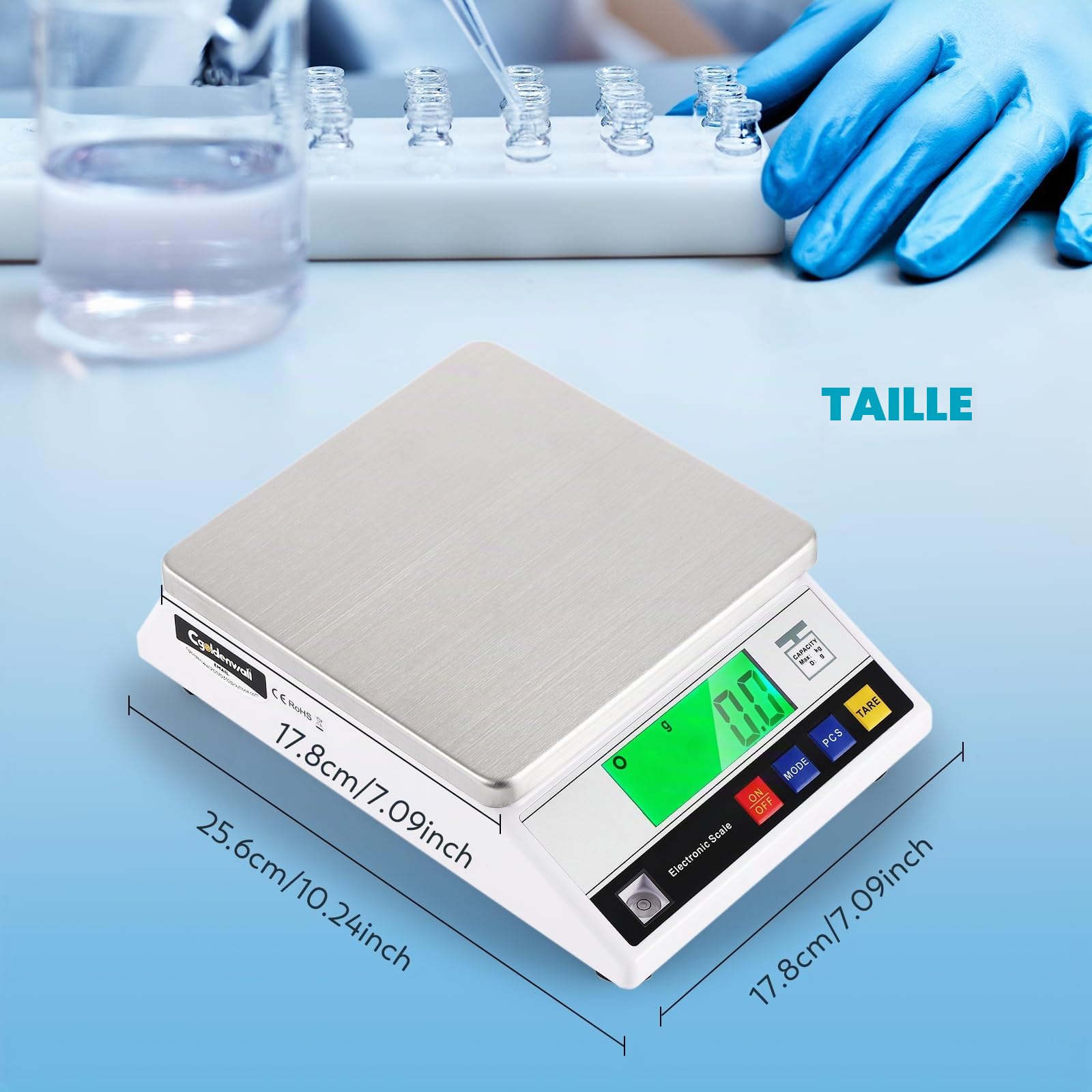 CGOLDENWALL Balance de Comptage 6 kg x 0,1 g, Tare & Alarme Surcharge | Balance de Précision Laboratoire, 6 Unités, Grand Plateau Inox 17,8x17,8 cm, Alim. AC/DC, pour Pièces, Monnaies,Inventaire
