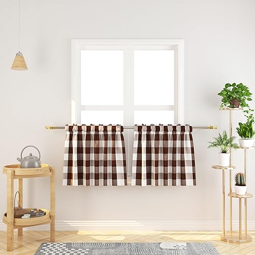 Miniatura 39 de Cortina ajustable con cenefa para ventana de cocina Buffalo Check, a cuadros, gingham, estilo granja, con bolsillo para barra, para baño, 42 x 45