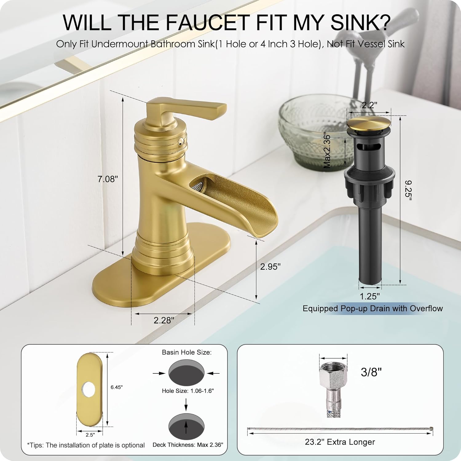 Brushed Gold Bathroom Faucets One Hole, Brass Waterfall Bathroom Sink Faucet 3 Hole 4 Inch With Pop-up Drain, Deck Plate, Pre-Installed cUPC Hose for Farmhouse, Lavatory, 5 Mins Quick Install