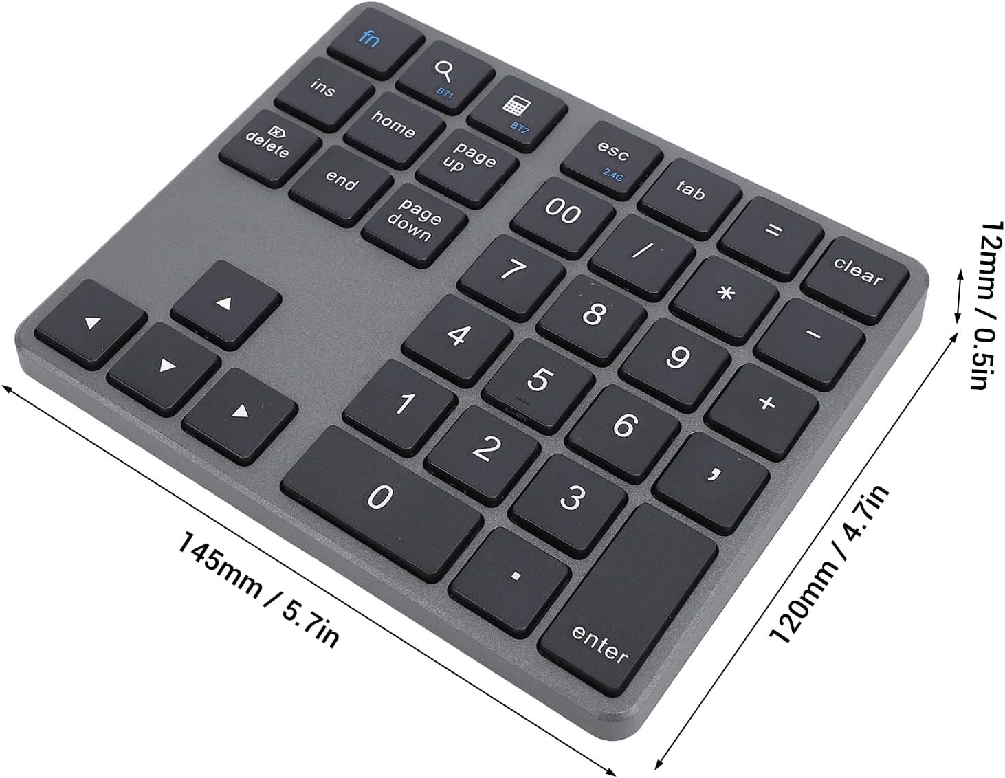 The Sanpyl Bluetooth Number Pad with dimensions labeled: 145mm / 5.7in length, 120mm / 4.7in width, and 12mm / 0.5in thickness.