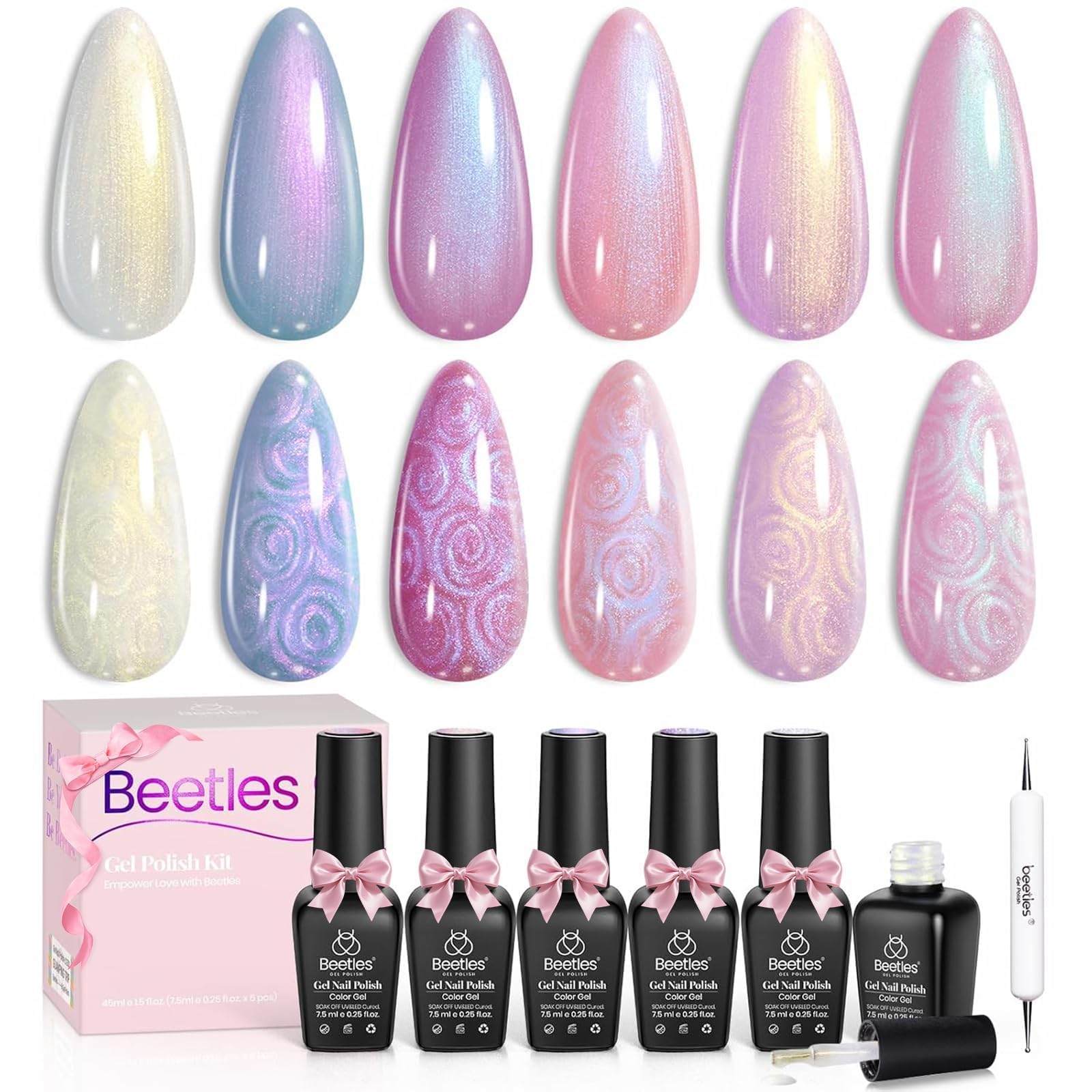 Beetles Pearl Gel Nail Polish, 6 Colors Shimmer Pearl White Pink Purple Mermaid Nail Drawing Gel Polish Soak Off Uv Gel Polish Swirl Shell Thread Effect DIY Manicure Valentines Gift for Women