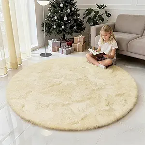 Fluffy Round Area Rugs for Bedroom,Ivory 5'X5'Shag Circle Area Rugs for Girls Room,Non Slip Fuzzy Plush Rug for Kids Room Living Room and Dorm Home Rug