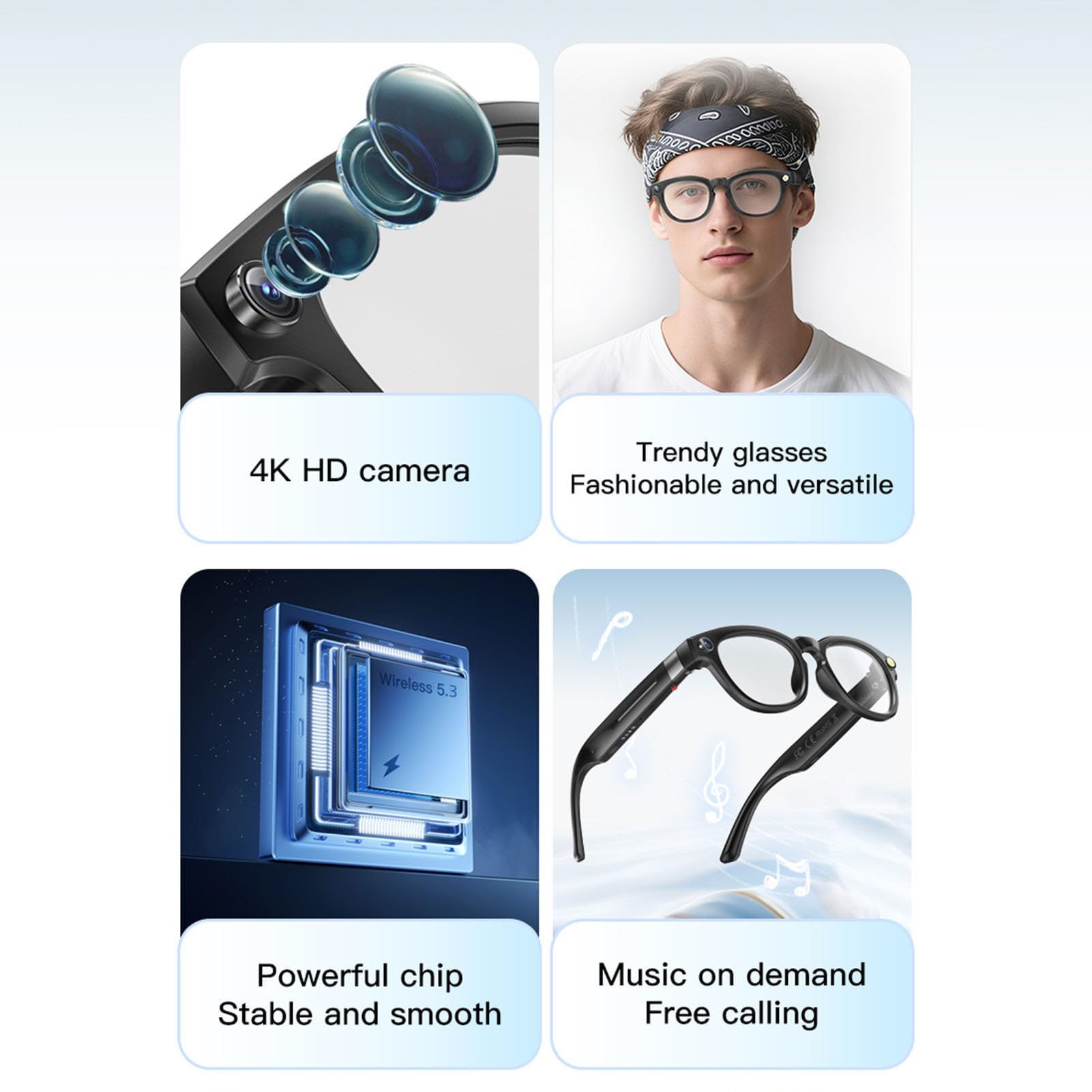 Dpofirs AI Smart Glasses, con Fotocamera da 8 MP, Chiamata Musicale Bluetooth, Traduzione in Tempo Reale, Registrazione Video 4K, Lenti Che Cambiano Colore
