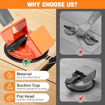 Floor Gap Fixer Tool 45 Striking Surface, Flooring Tools with Iron & Enhanced Suction Cup, 8pcs Sticky Pads & Silicone Scraper for Laminate Vinyl Wood Plank Hardwood Floor Gap Repair (Orange)