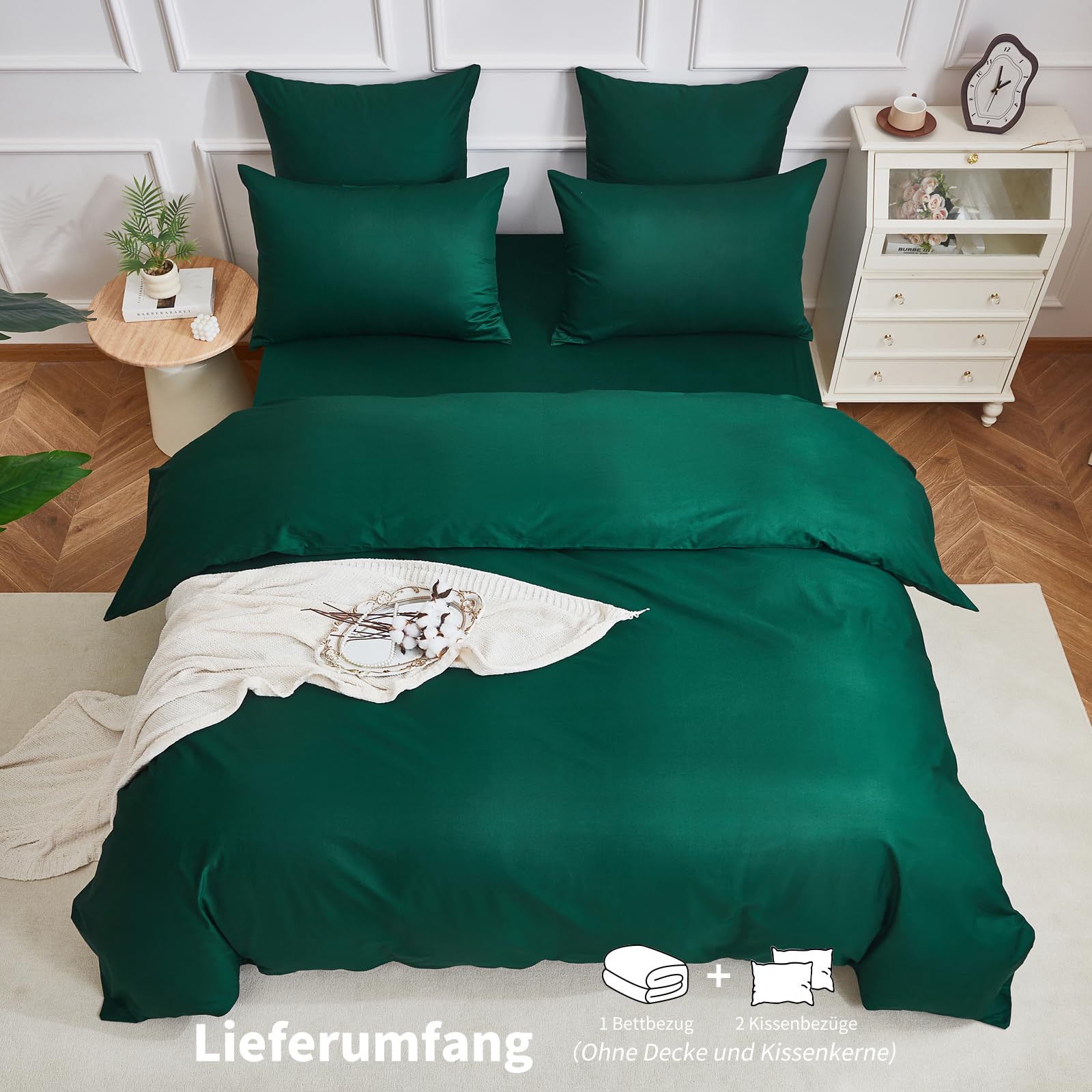 Ropa de cama de 135 x 200 cm, 4 piezas, color verde oscuro, 100 % algodón peinado, refrescante, liso, brillante, suave, transpirable, juego de funda nórdica con cremallera y 2 fundas de