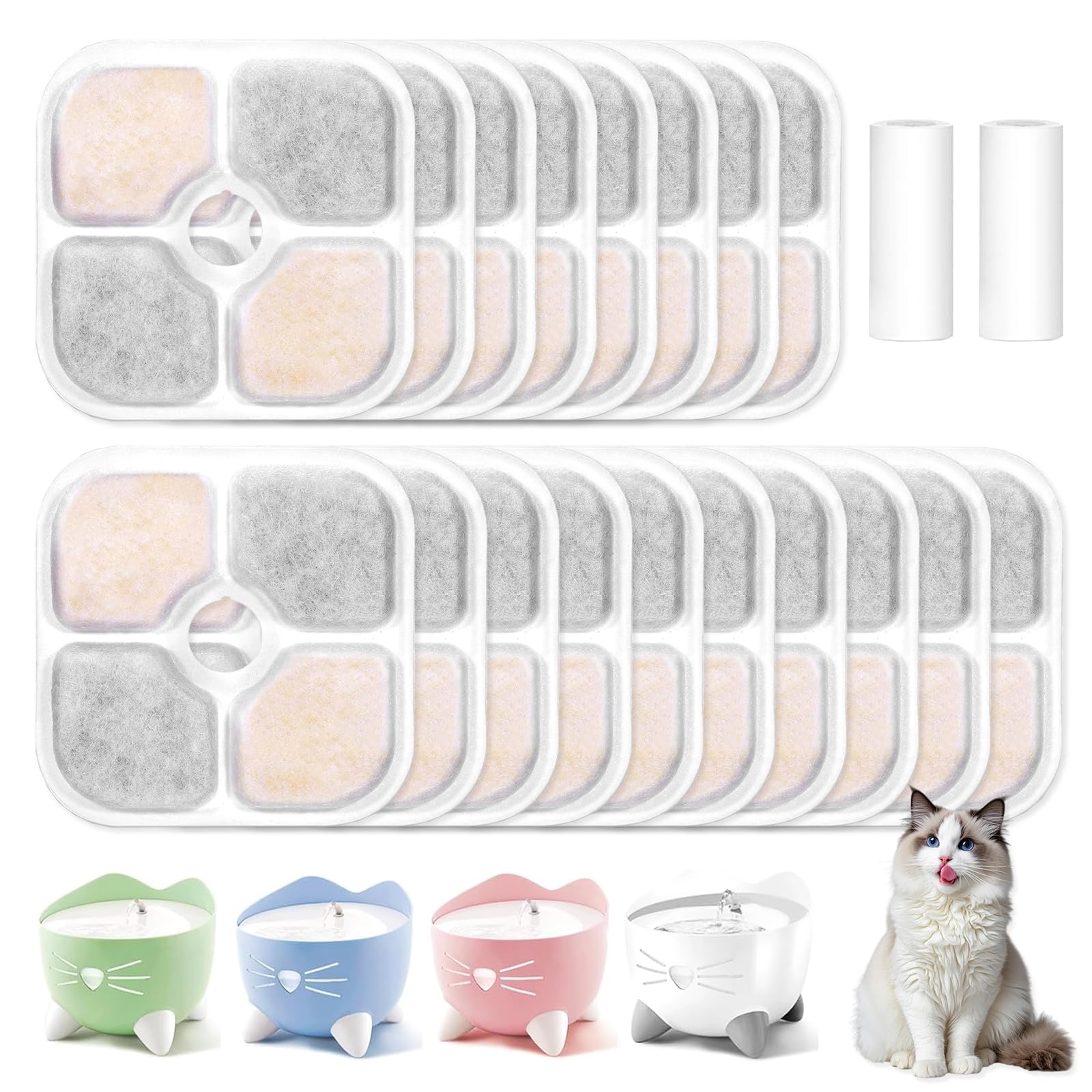 Soodyoow 18PCS Cat Water Fountain Filters with 2 Hose with Catit PIXI Drinking Fountain, Pet Filter Replacement Compatible, Triple Filtration System Keep The Water Clean and Fresh