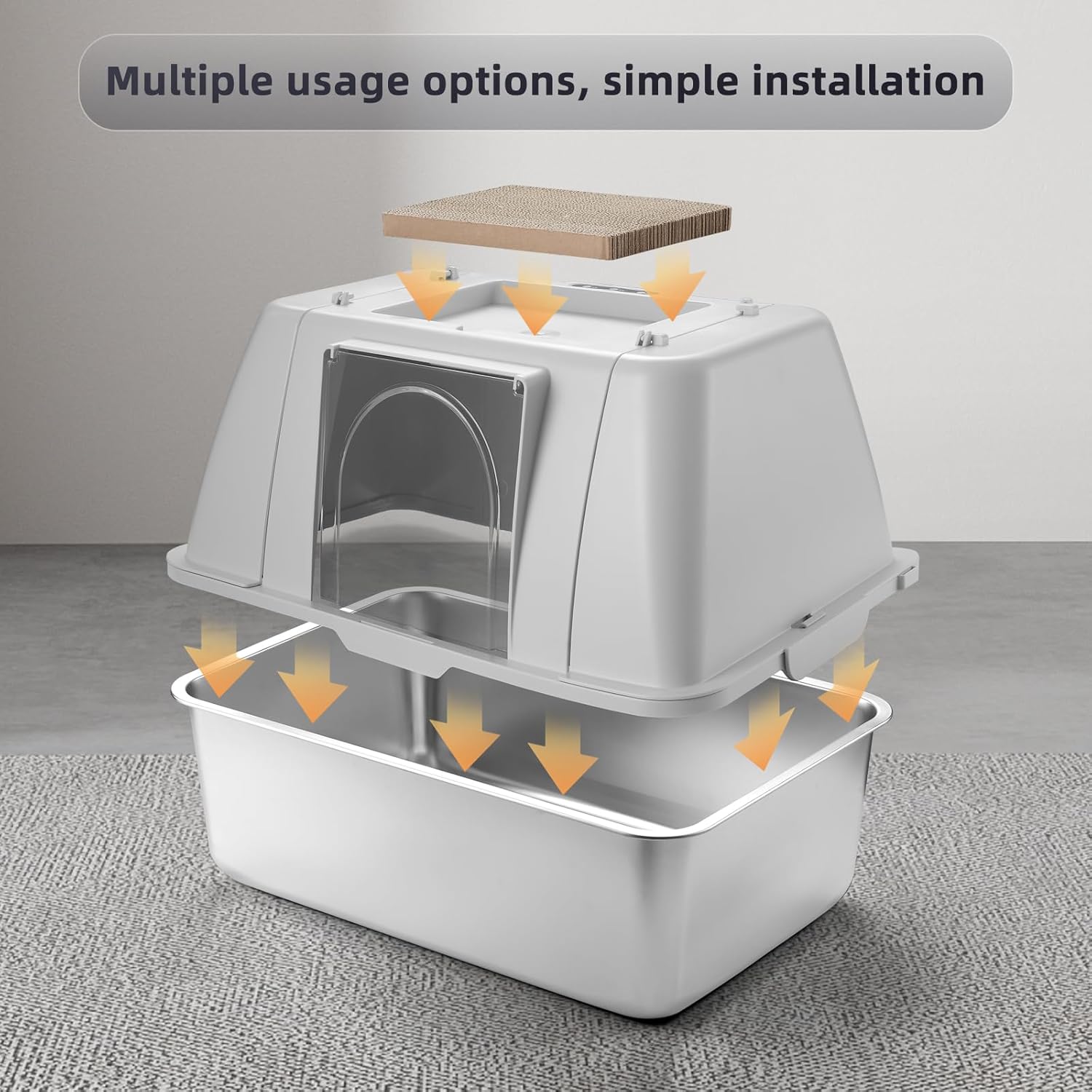 HFAM Large Deodorizing Cat Litter Box Enclosure Flip-Top Stainless Steel Litter Box with Smart Deodorization Litterbox with High Sides and Splash Guard