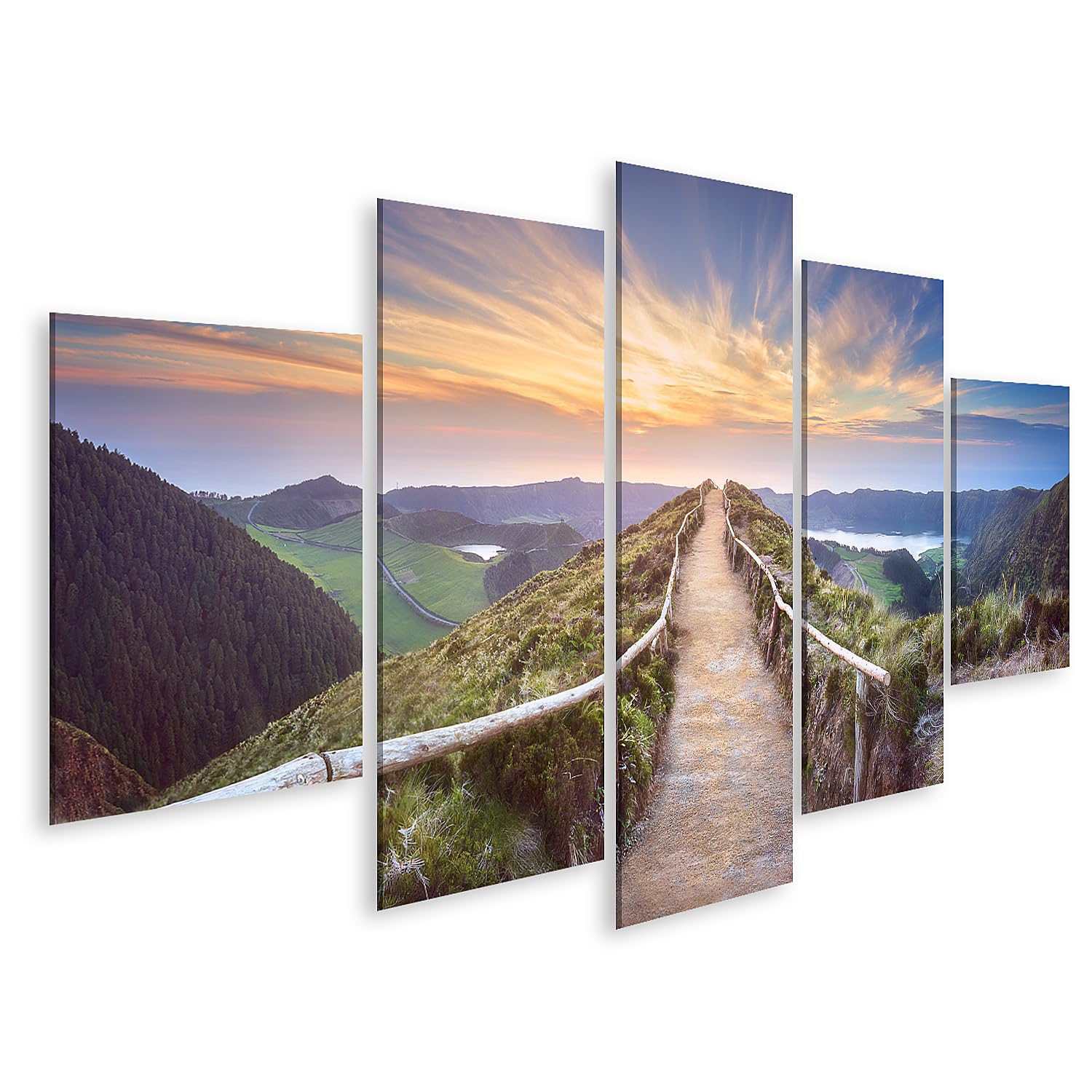 islandburner Leinwandbild Sonnenuntergang Pfad Azoren Panorama Himmel Wolken Landschaft - Leinwand 170x80cm - 5 Teile