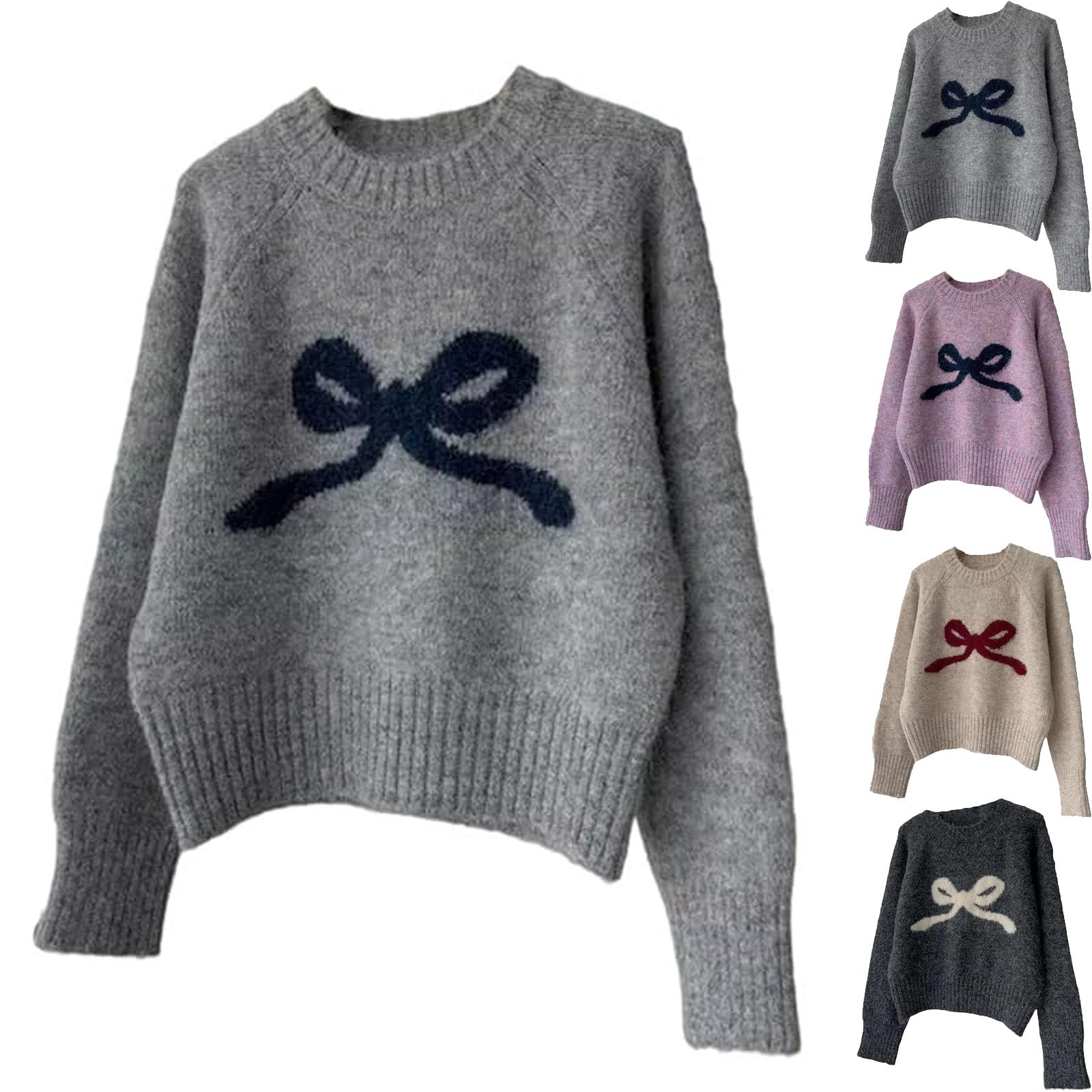 Elegant Sweater for Women Bow Round Neck Pullover Bow Print Casual Loose Fit Pullover Tops Cute Winter Jumper