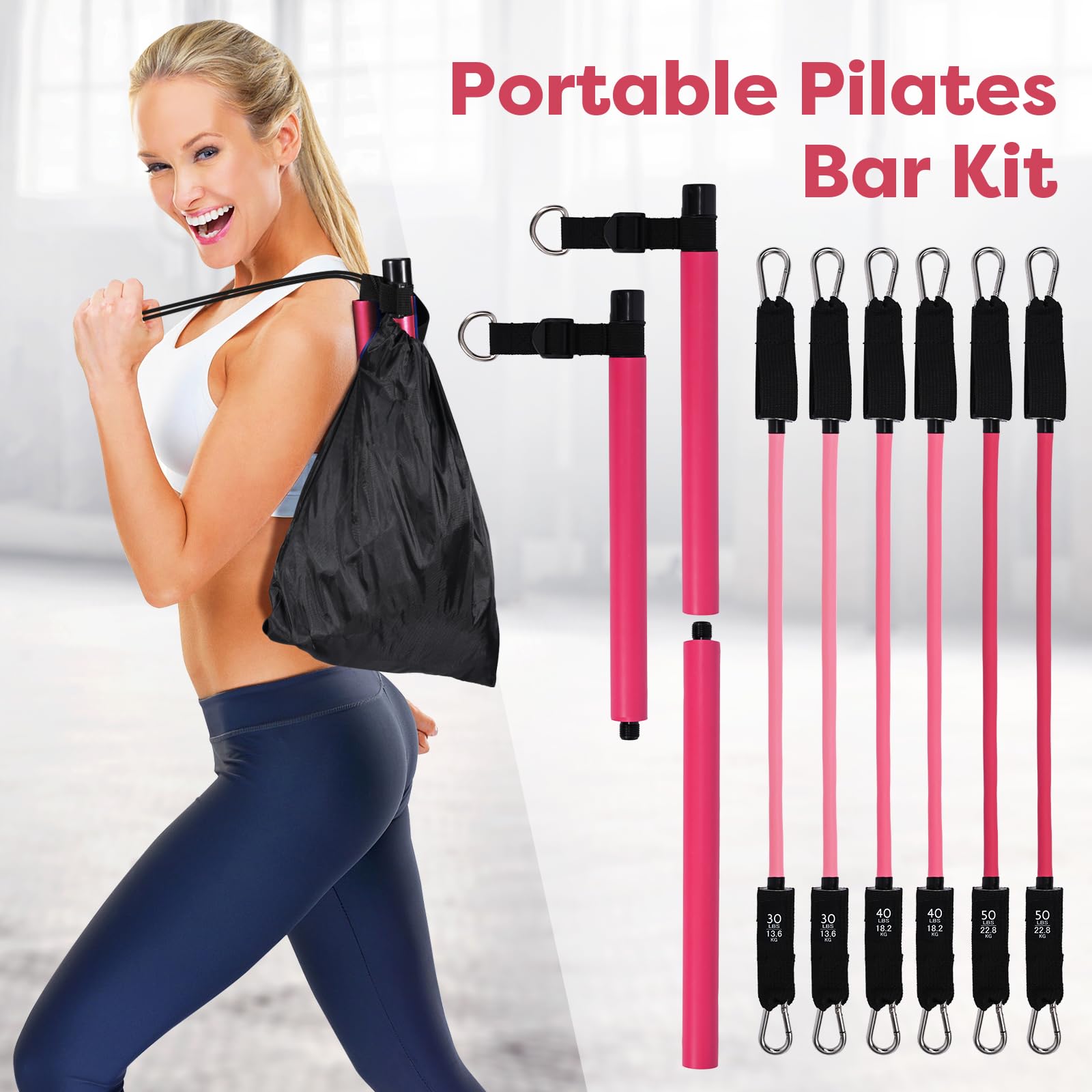Barra de Pilates, Niest Barra Pilates Hecha de Hierro con 6 Bandas de Resistencia de Tubo de Látex Natural(30-240lbs), Gomas Elasticas Musculacion para Gimnasio En Casa, Navidad