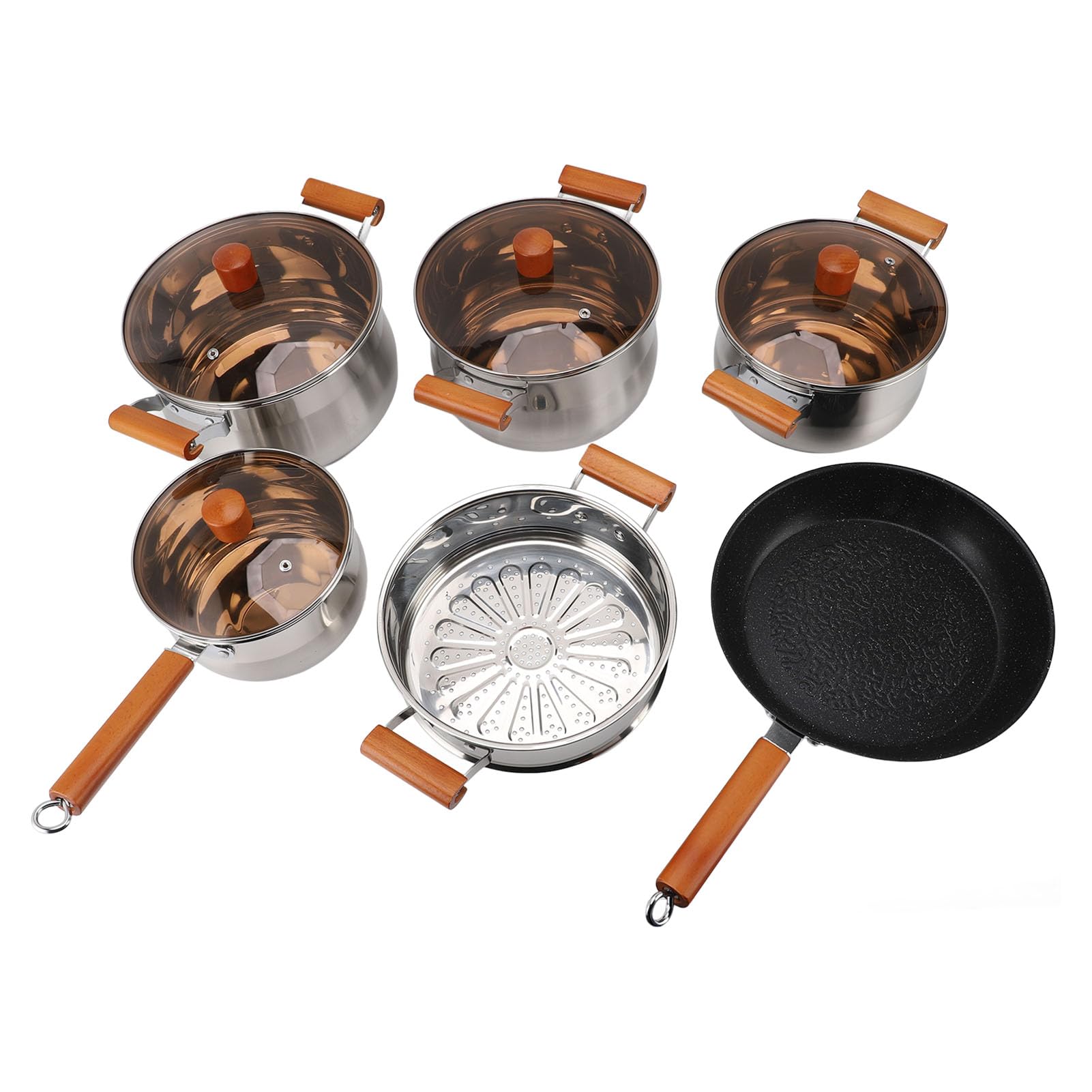 Headerbs Edelstahl-Kochgeschirrset, 201 Edelstahltöpfe und Dampfschale mit Zwei Holzgriffen und Glasdeckeln, Gleichmäßige Erwärmung Zum Dämpfen Kochender Suppen für Hobbyköche