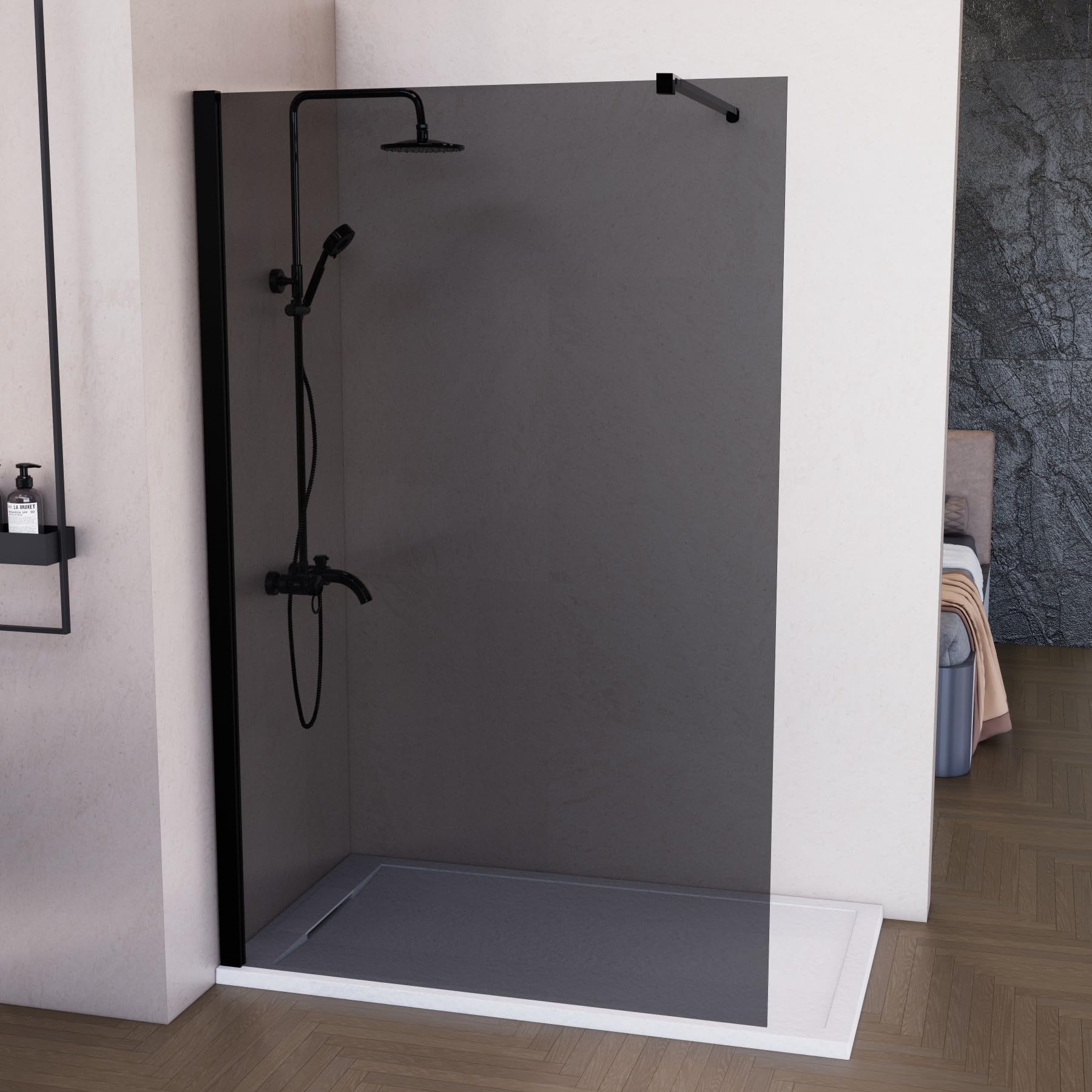 Mampara de Ducha Fija Negra 100 x 200 cm Ahumada, Cristal Templado Translucido 8 mm con Antical, Panel Walk In Reversible para Baño Moderno